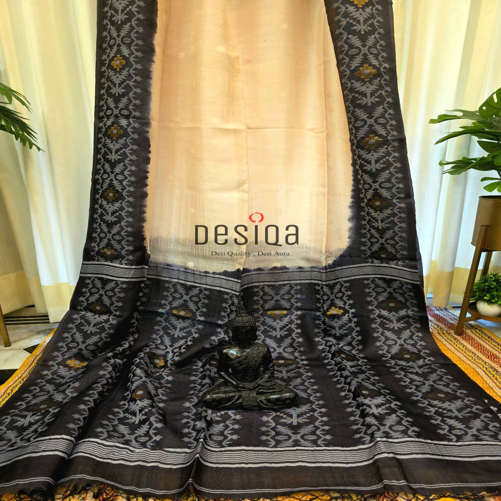 Black & Cream Colour Pure Gachi by Gachi Tussor Handwoven Jamdani Saree