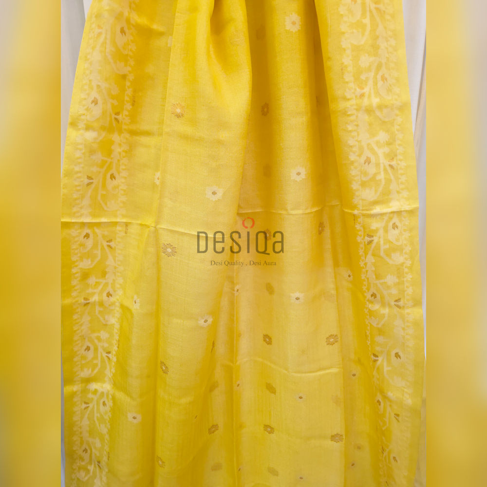Bright Yellow Colour Pure Gachi by Gachi Tussar Handwoven Jamdani Saree - Image 3