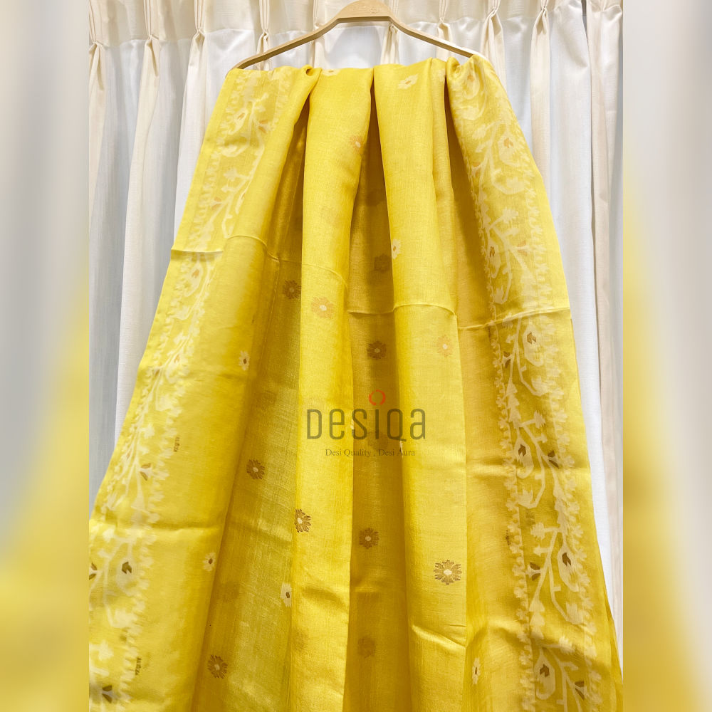 Bright Yellow Colour Pure Gachi by Gachi Tussar Handwoven Jamdani Saree - Image 2