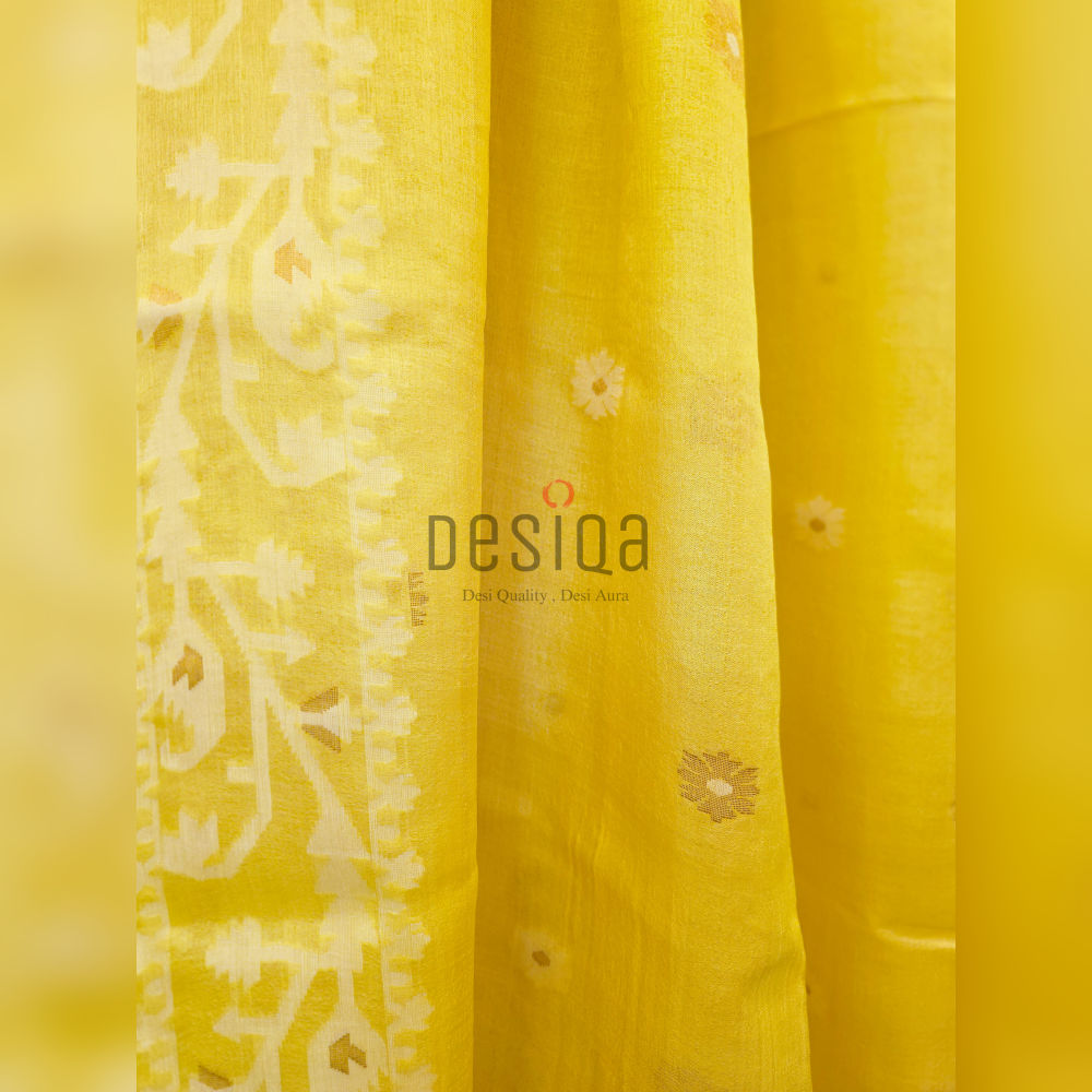 Bright Yellow Colour Pure Gachi by Gachi Tussar Handwoven Jamdani Saree - Image 4