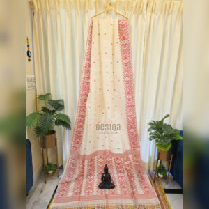 Off white & Red worked Pure Gachi by Gachi Tussar Handwoven Jamdani Saree