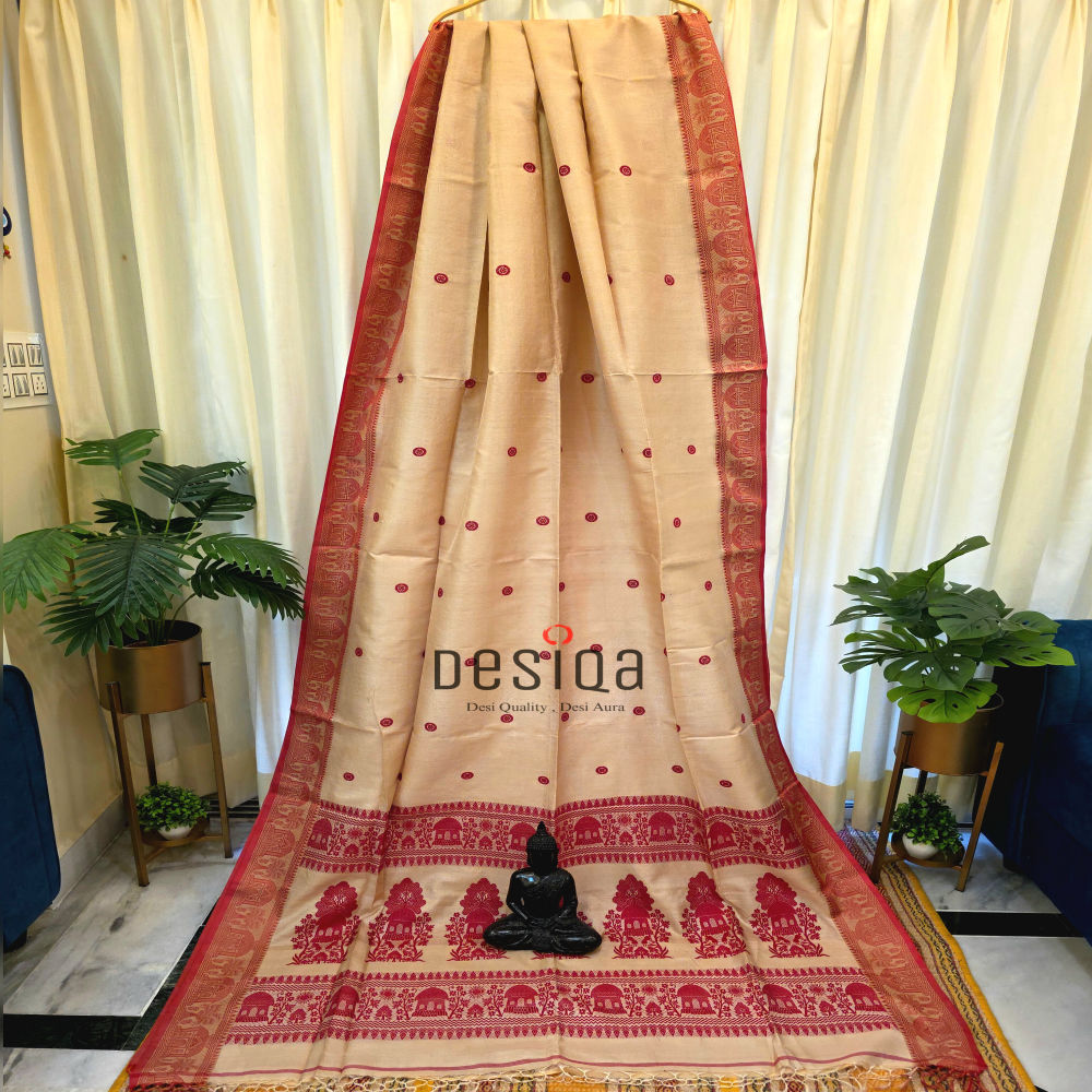 Cream & Red Colour Baluchari Worked Pure Tussor Handwoven Saree
