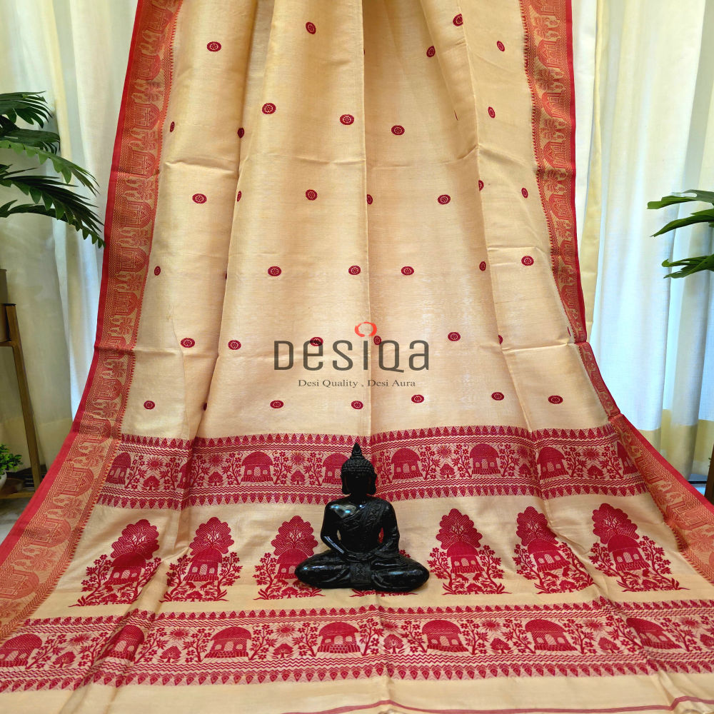 Cream & Red Colour Baluchari Worked Pure Tussor Handwoven Saree - Image 2