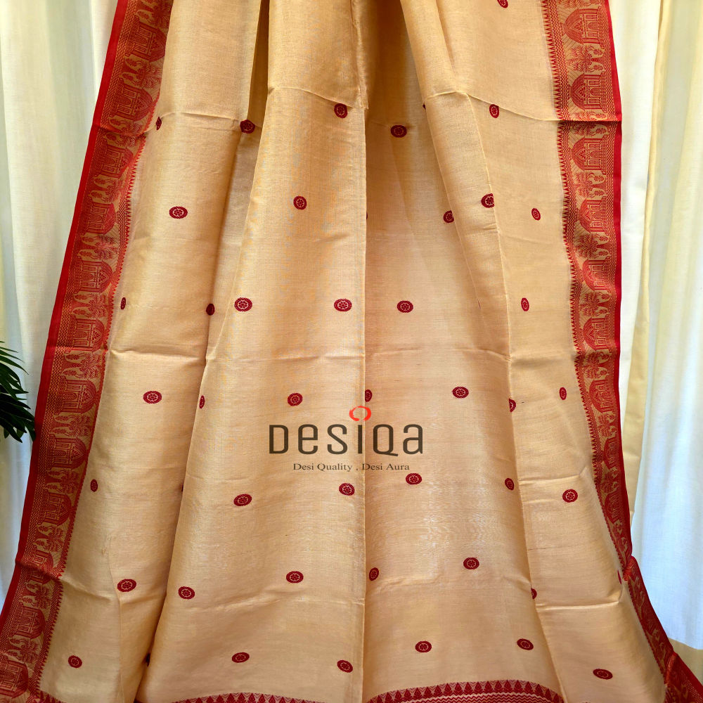 Cream & Red Colour Baluchari Worked Pure Tussor Handwoven Saree - Image 3