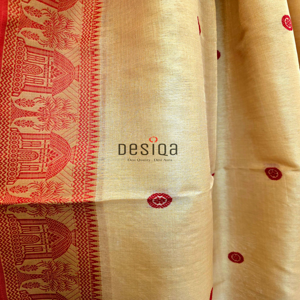 Cream & Red Colour Baluchari Worked Pure Tussor Handwoven Saree - Image 4