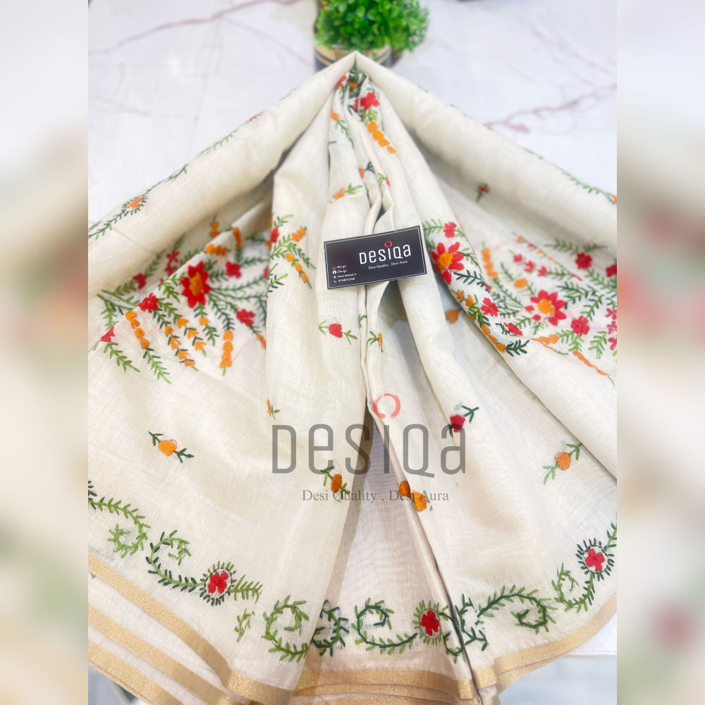 Off White Colour Chanderi Cotton Silk with Hand Embroidery Saree