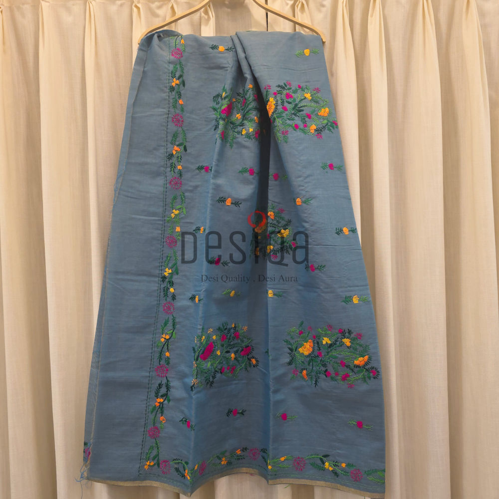 Green-Yellow (Dual Tone) Colour Chanderi Cotton Silk with Hand Embroidery Saree - Image 2