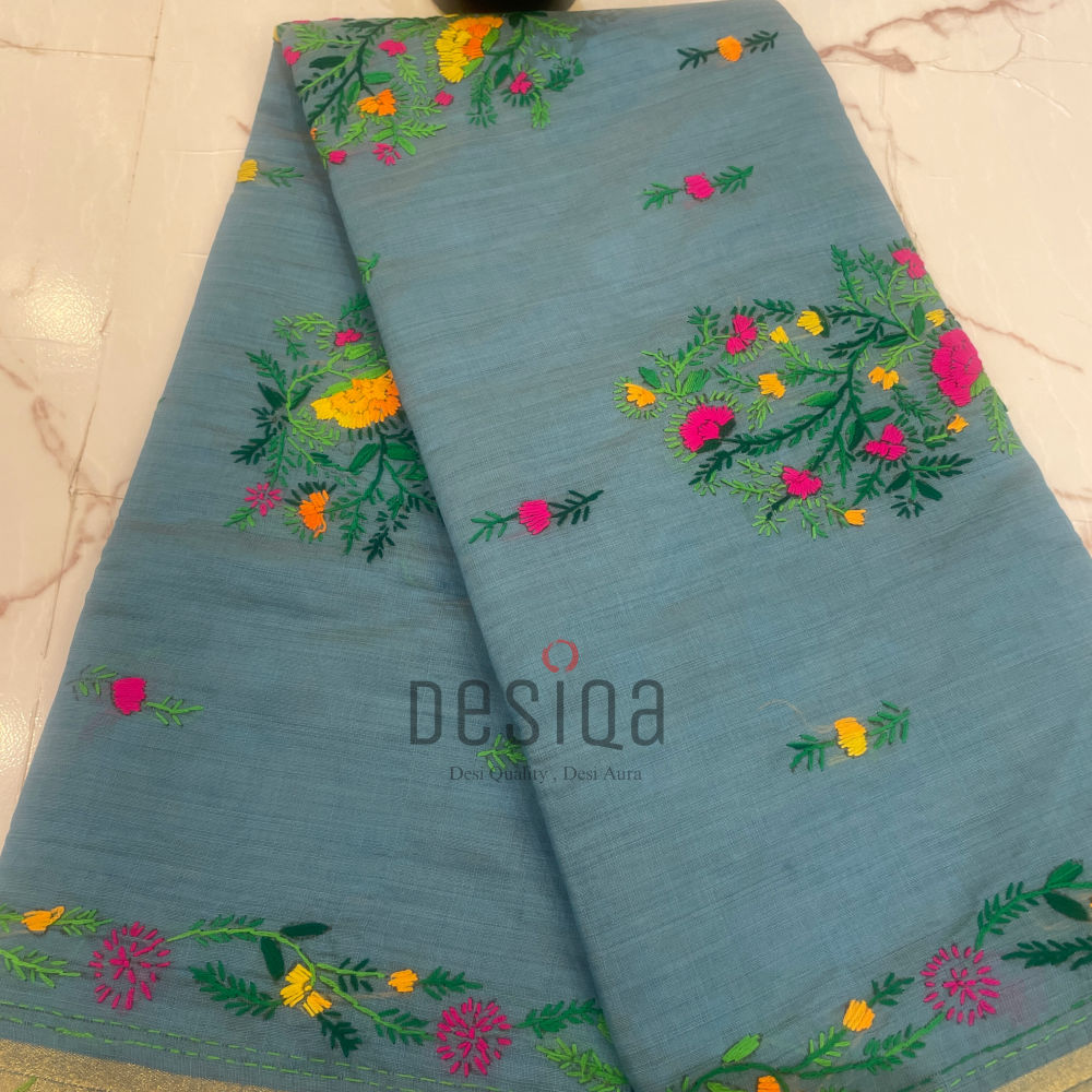 Green-Yellow (Dual Tone) Colour Chanderi Cotton Silk with Hand Embroidery Saree - Image 3