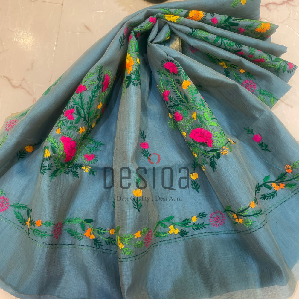 Green-Yellow (Dual Tone) Colour Chanderi Cotton Silk with Hand Embroidery Saree - Image 4