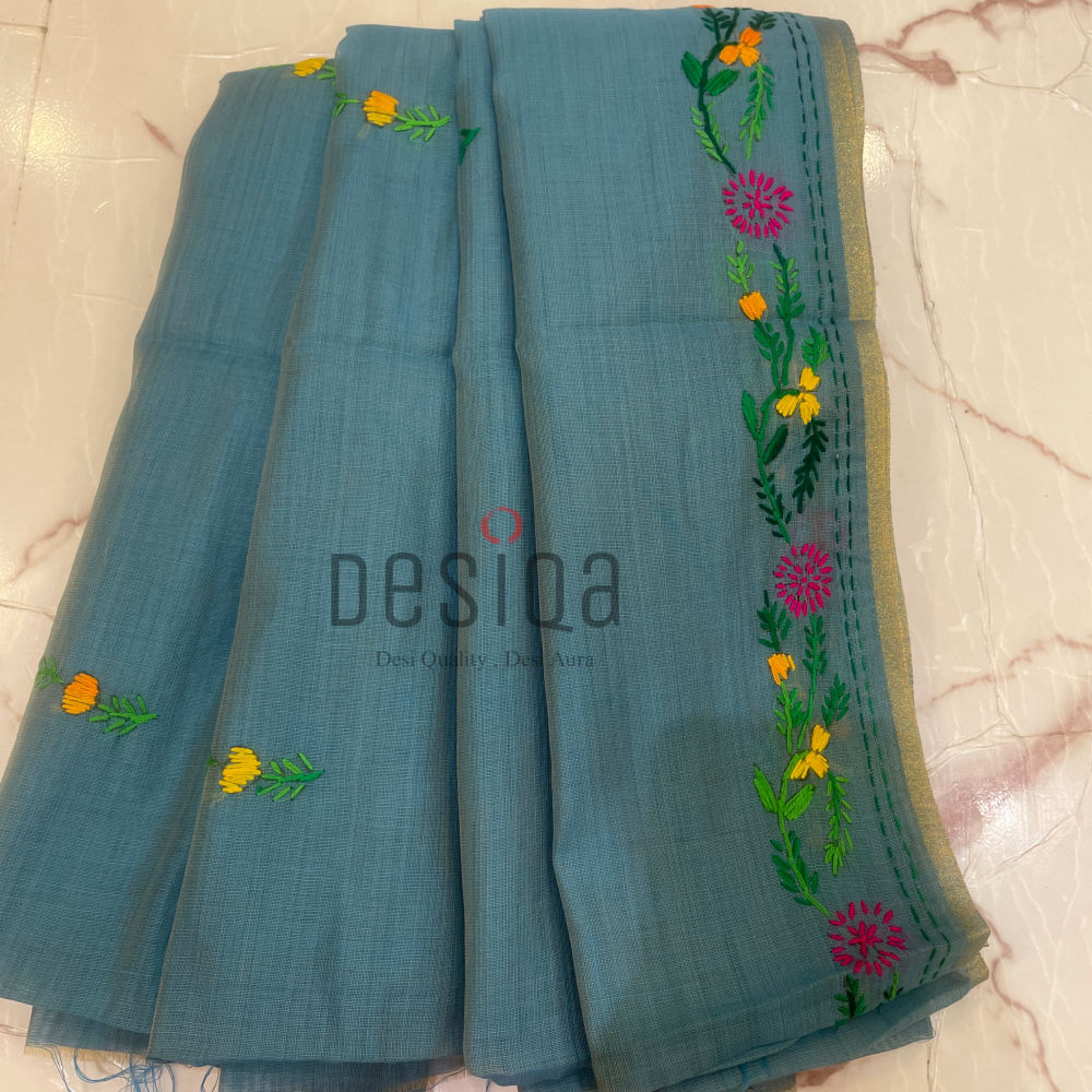 Green-Yellow (Dual Tone) Colour Chanderi Cotton Silk with Hand Embroidery Saree - Image 5