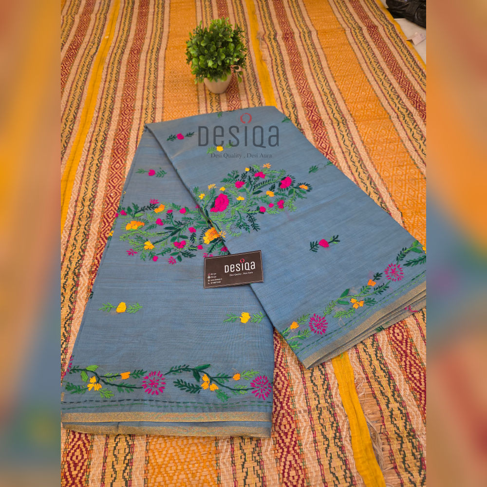 Green-Yellow (Dual Tone) Colour Chanderi Cotton Silk with Hand Embroidery Saree