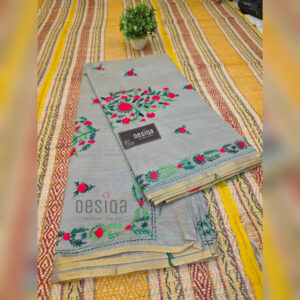 Smoke Grey Colour Chanderi Cotton Silk with Hand Embroidery Saree