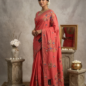 Rose Pink Colour Chanderi Silk with Bullion Stich (Hand Embroidery) Saree