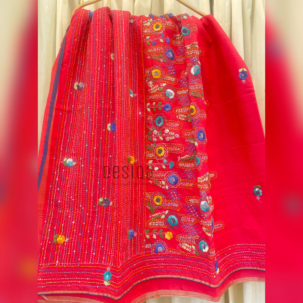 Rose Pink Colour Chanderi Silk with Bullion Stich (Hand Embroidery) Saree - Image 4