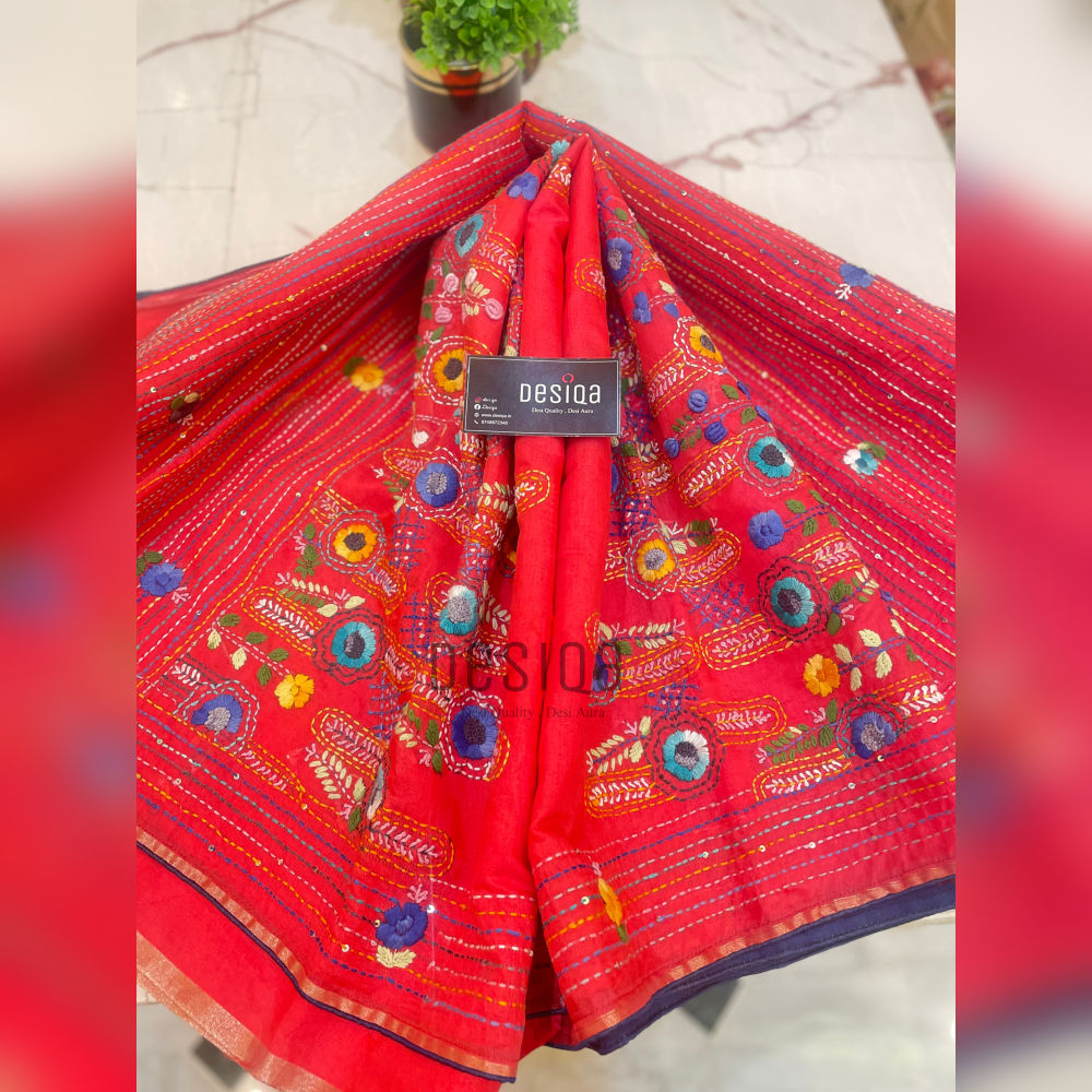 Rose Pink Colour Chanderi Silk with Bullion Stich (Hand Embroidery) Saree