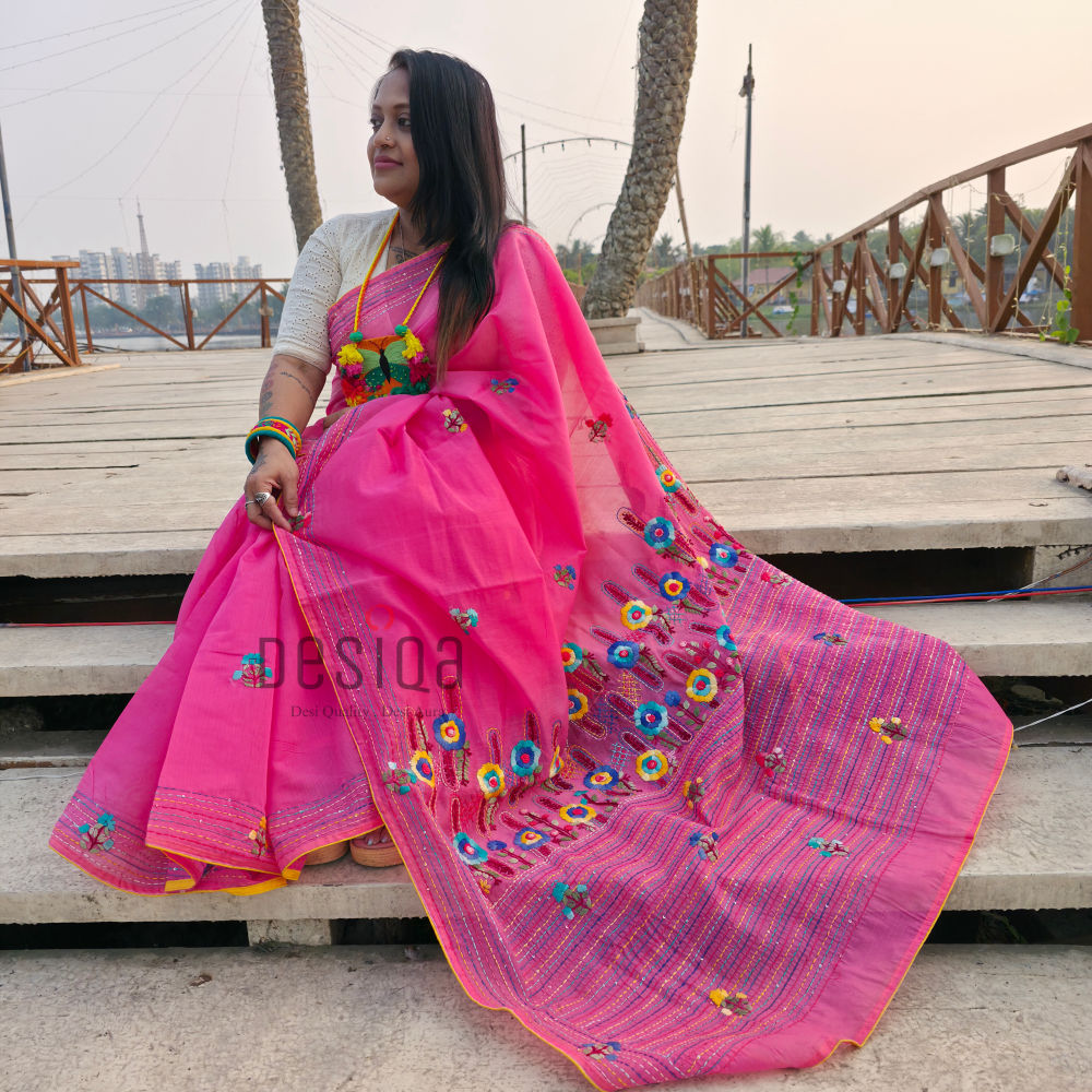 Rose Pink Colour Pure Chanderi Silk with Bullion Stich (Hand Embroidery) Saree - Image 2