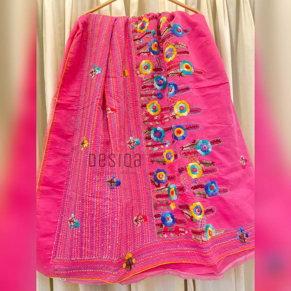Rose Pink Colour Pure Chanderi Silk with Bullion Stich (Hand Embroidery) Saree - Image 3