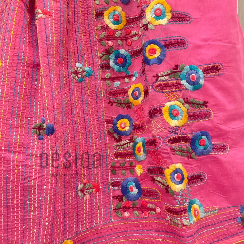 Rose Pink Colour Pure Chanderi Silk with Bullion Stich (Hand Embroidery) Saree - Image 5