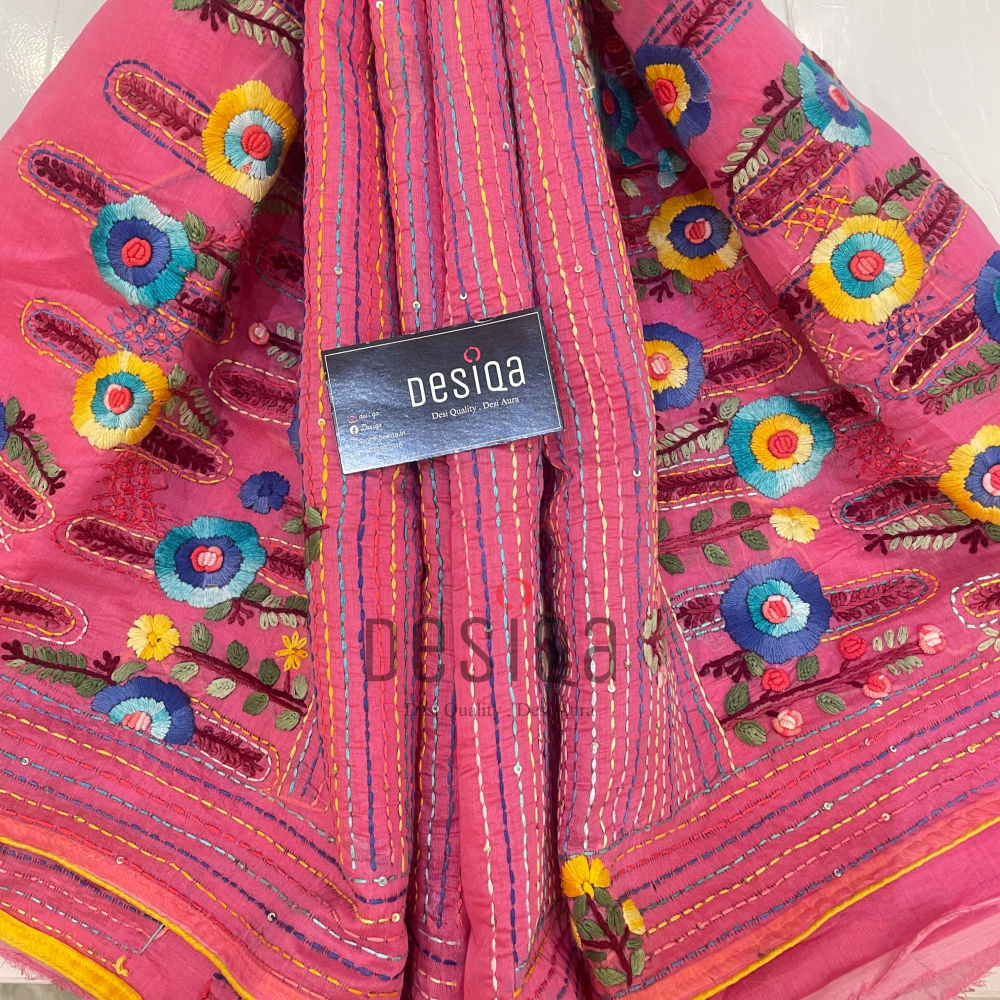 Rose Pink Colour Pure Chanderi Silk with Bullion Stich (Hand Embroidery) Saree - Image 4