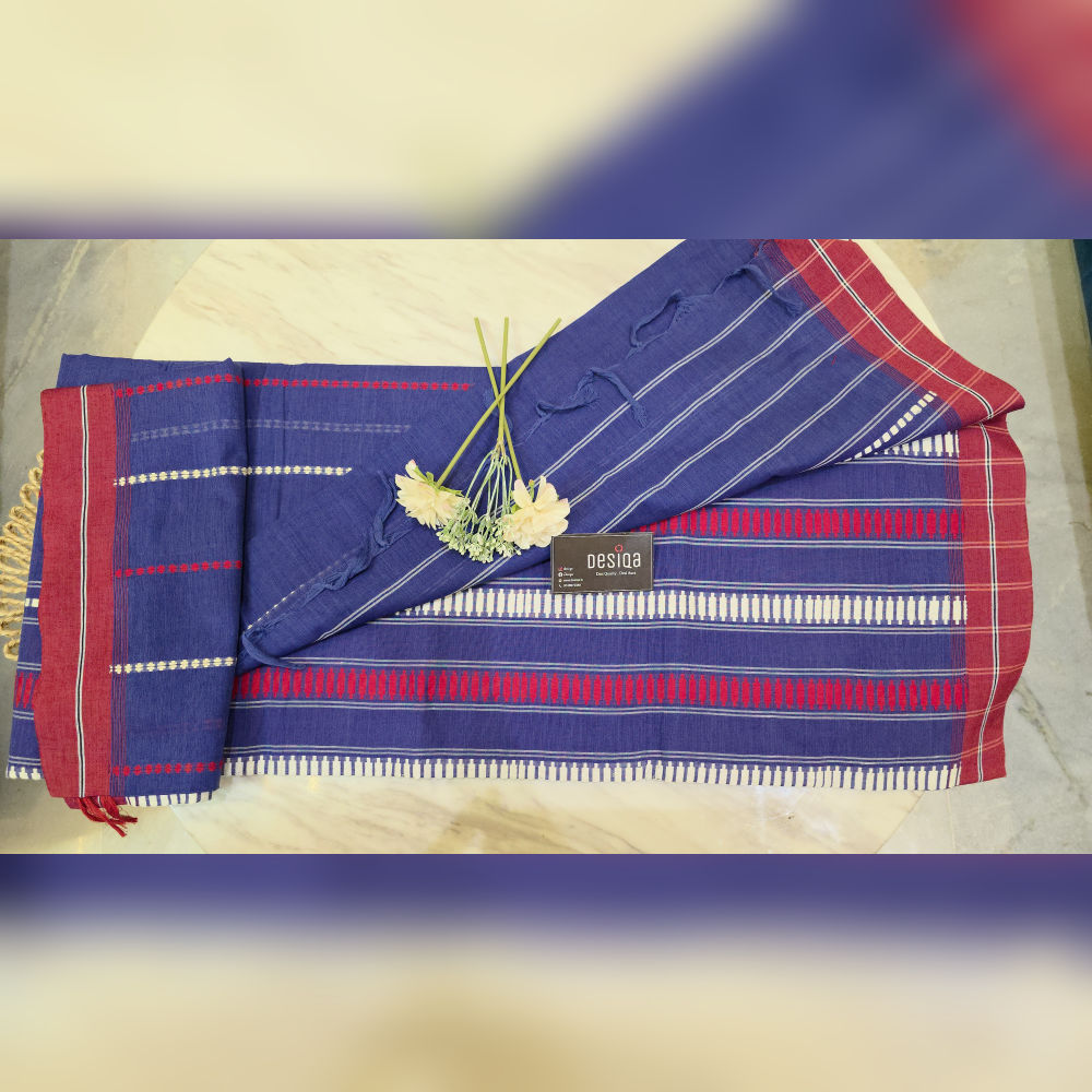 Deep Blue with Red White design Dhonekhali Handloom Saree - Image 6