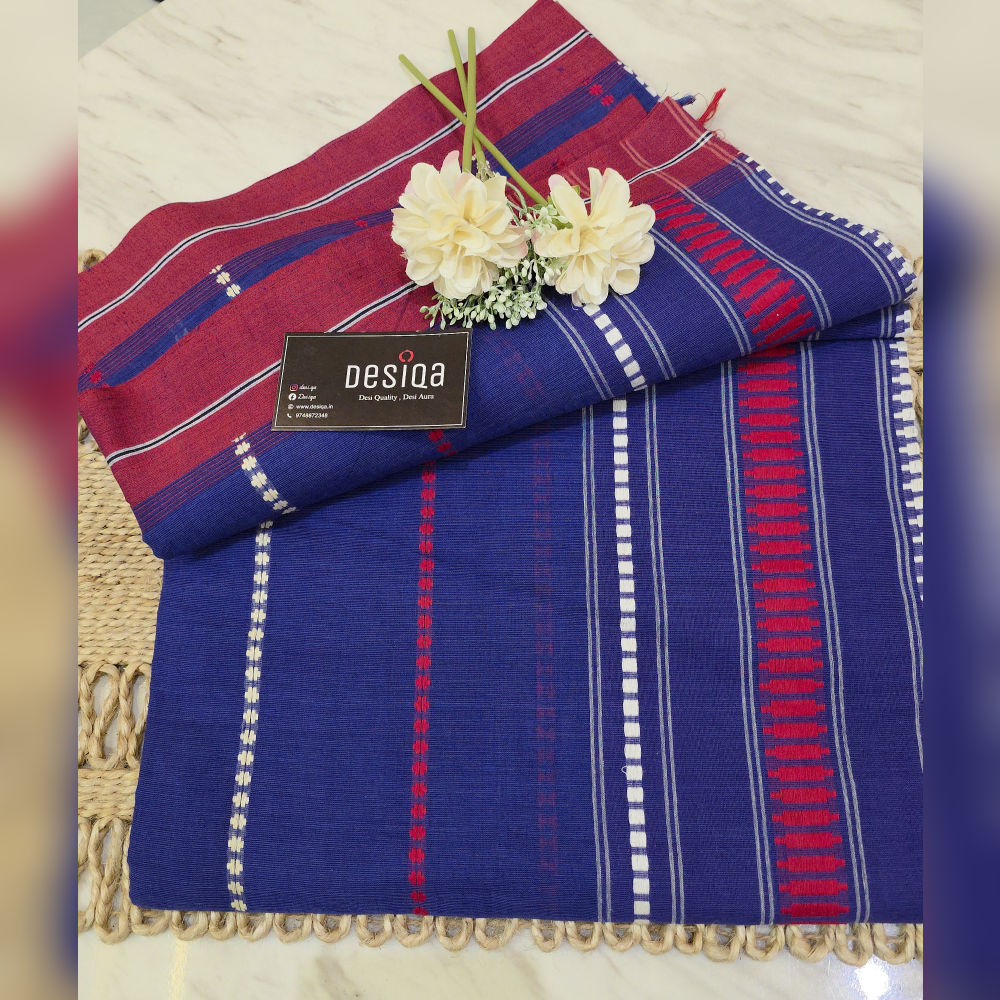 Deep Blue with Red White design Dhonekhali Handloom Saree - Image 4