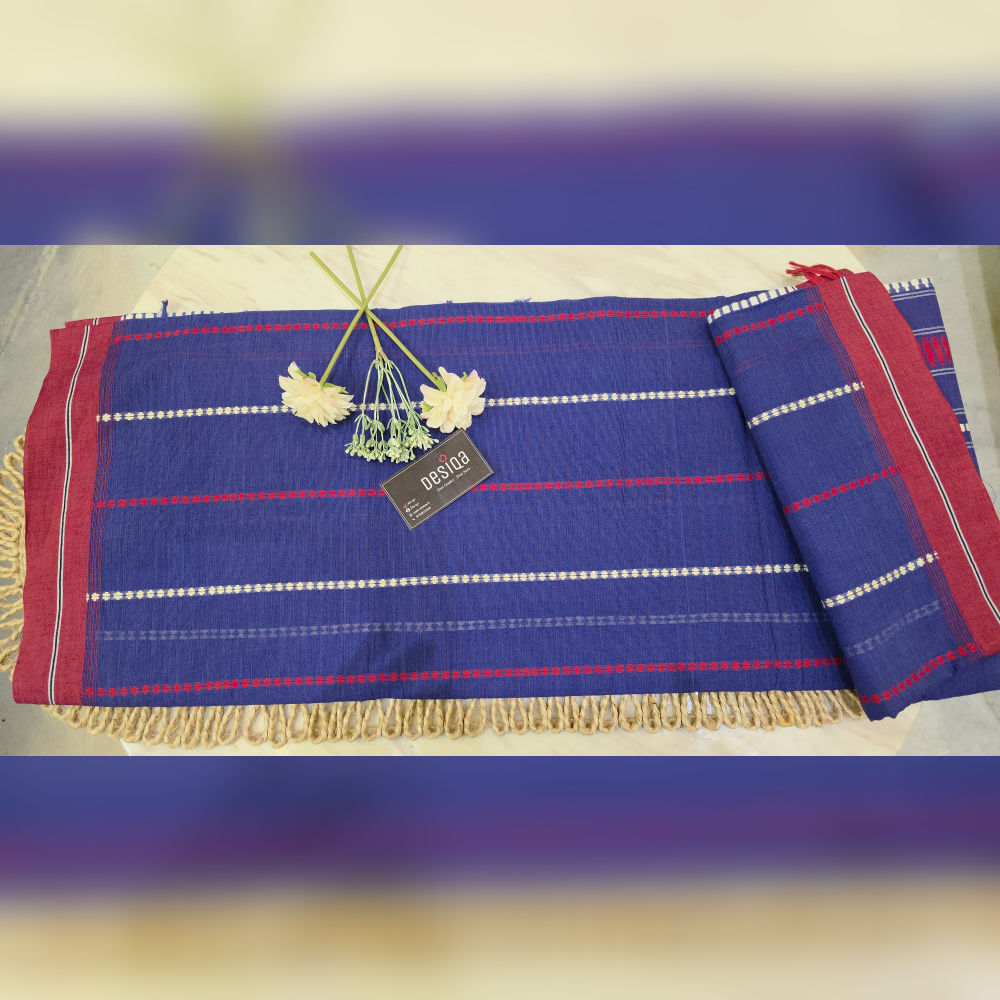 Deep Blue with Red White design Dhonekhali Handloom Saree - Image 5