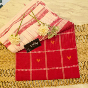 White & Red Colour Heart Motifs Dhonekhali Handloom Saree