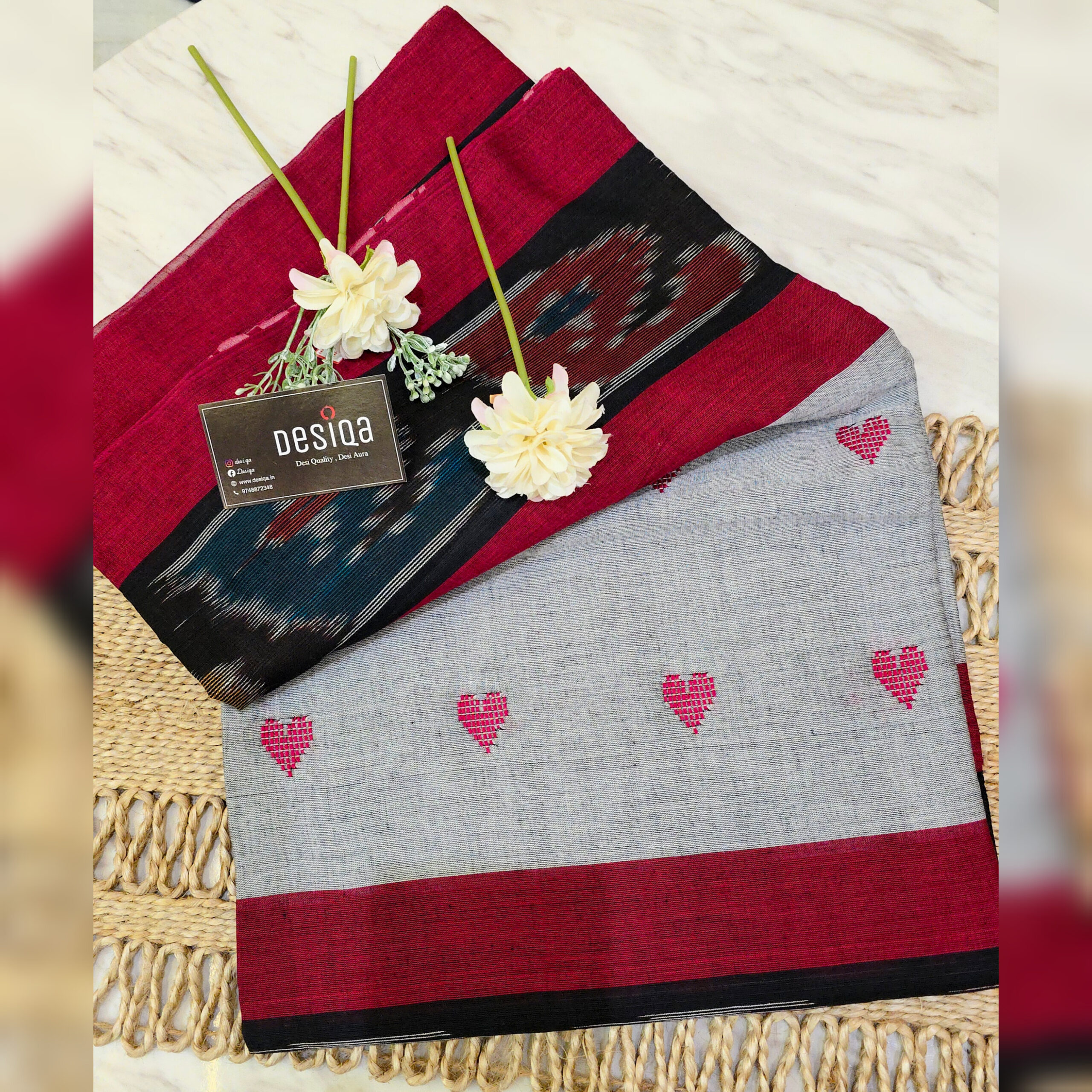 Grey Colour Love Motifs Katki Print Dhonekhali Handloom Saree - Image 2