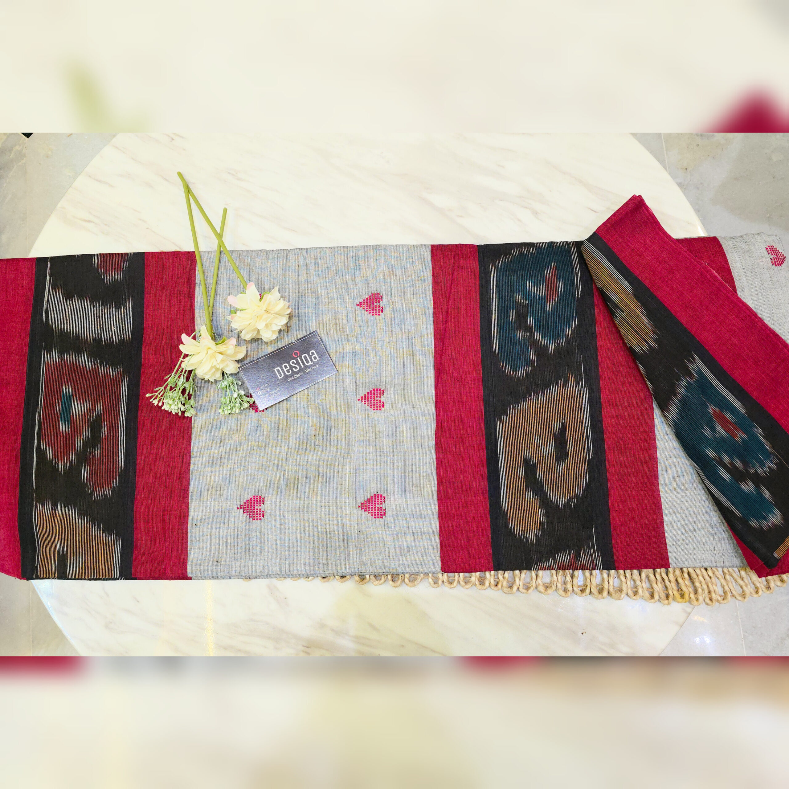 Grey Colour Love Motifs Katki Print Dhonekhali Handloom Saree - Image 3