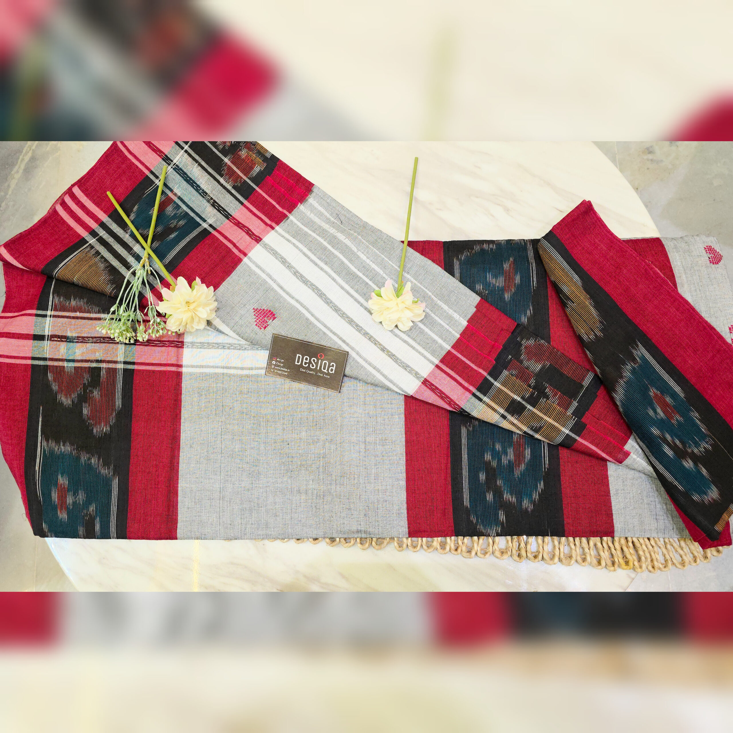 Grey Colour Love Motifs Katki Print Dhonekhali Handloom Saree - Image 4