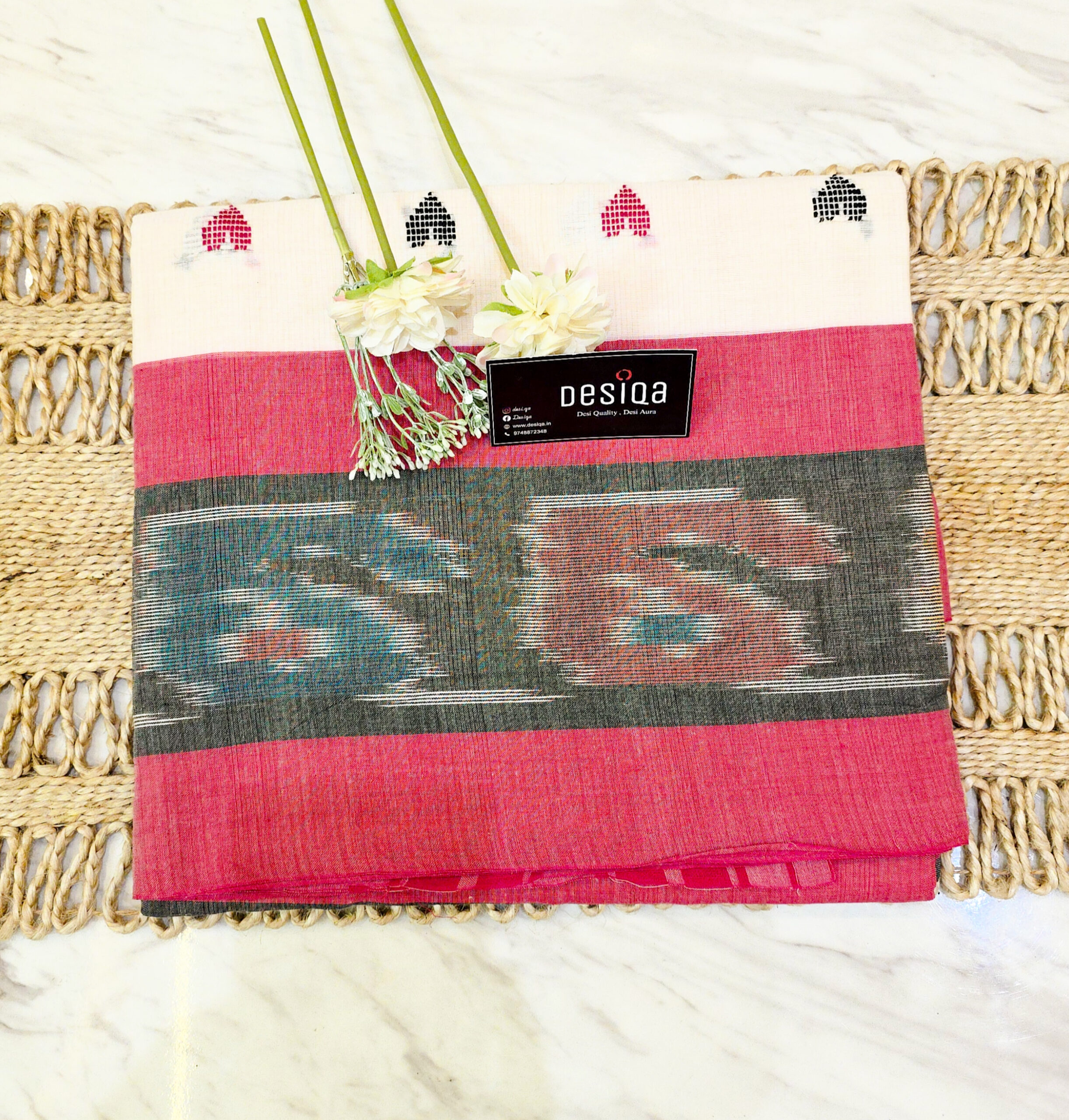 Off White Colour Love Motifs Katki Print Dhonekhali Handloom Saree