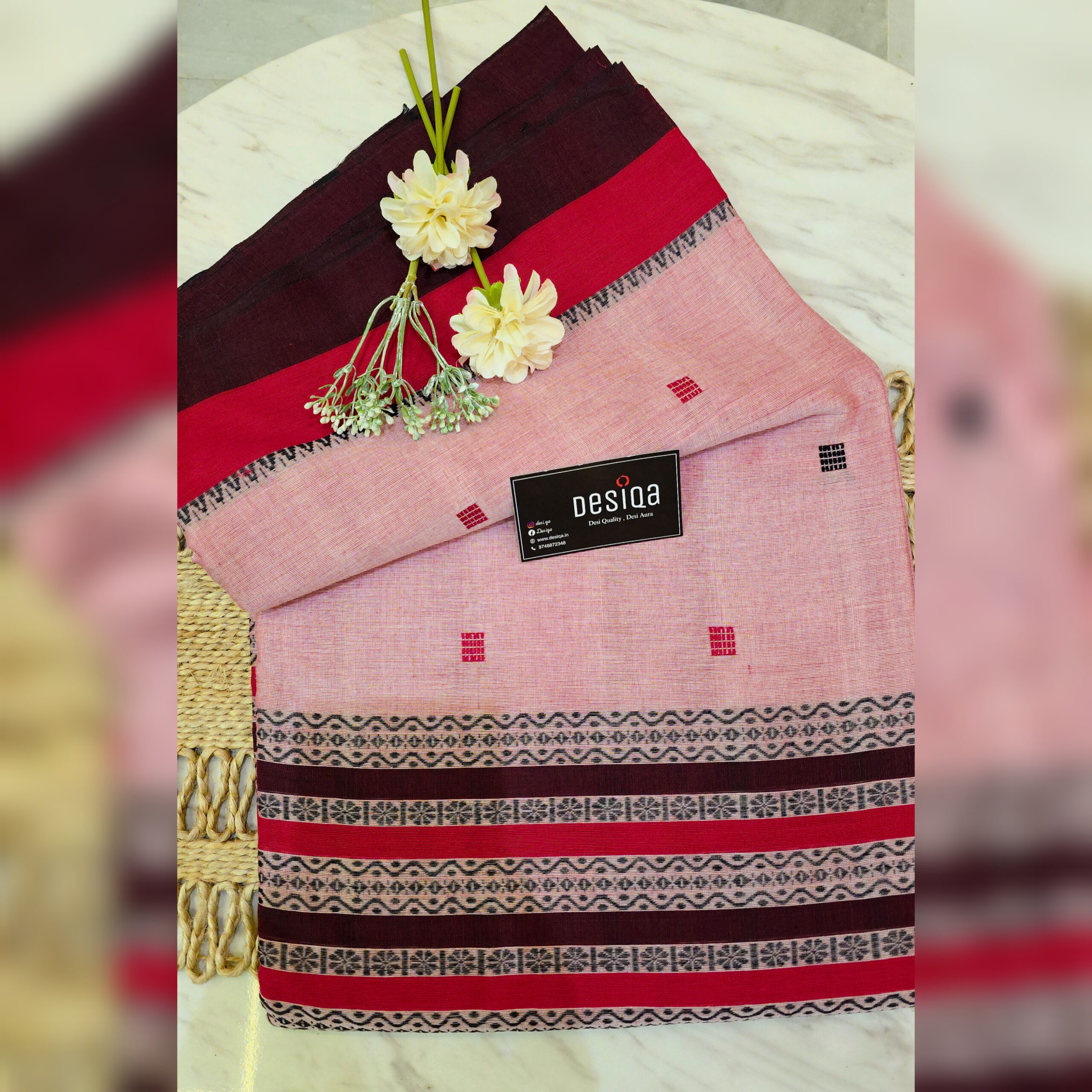 Peach Dual Tone Colour Dhonekhali Handloom Saree - Image 3