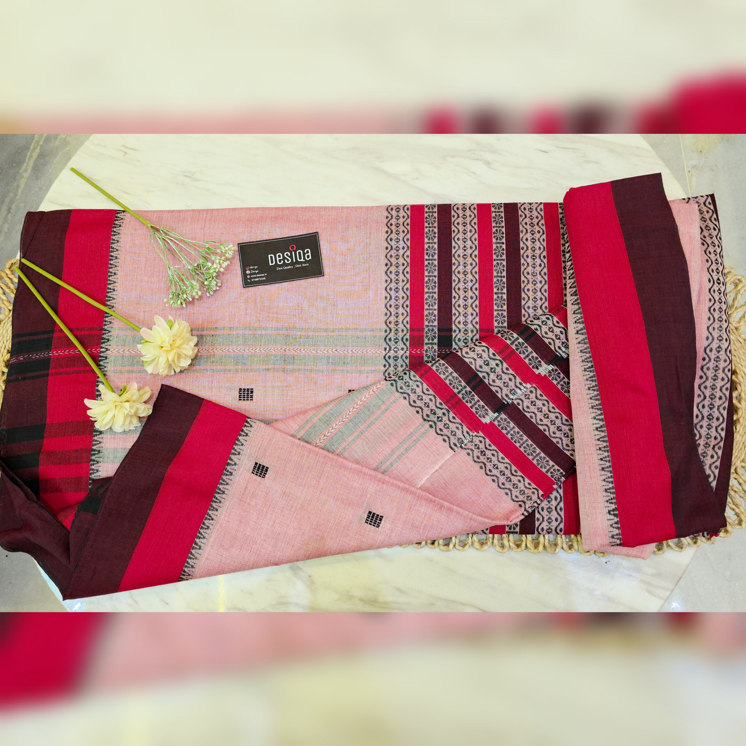 Peach Dual Tone Colour Dhonekhali Handloom Saree - Image 5