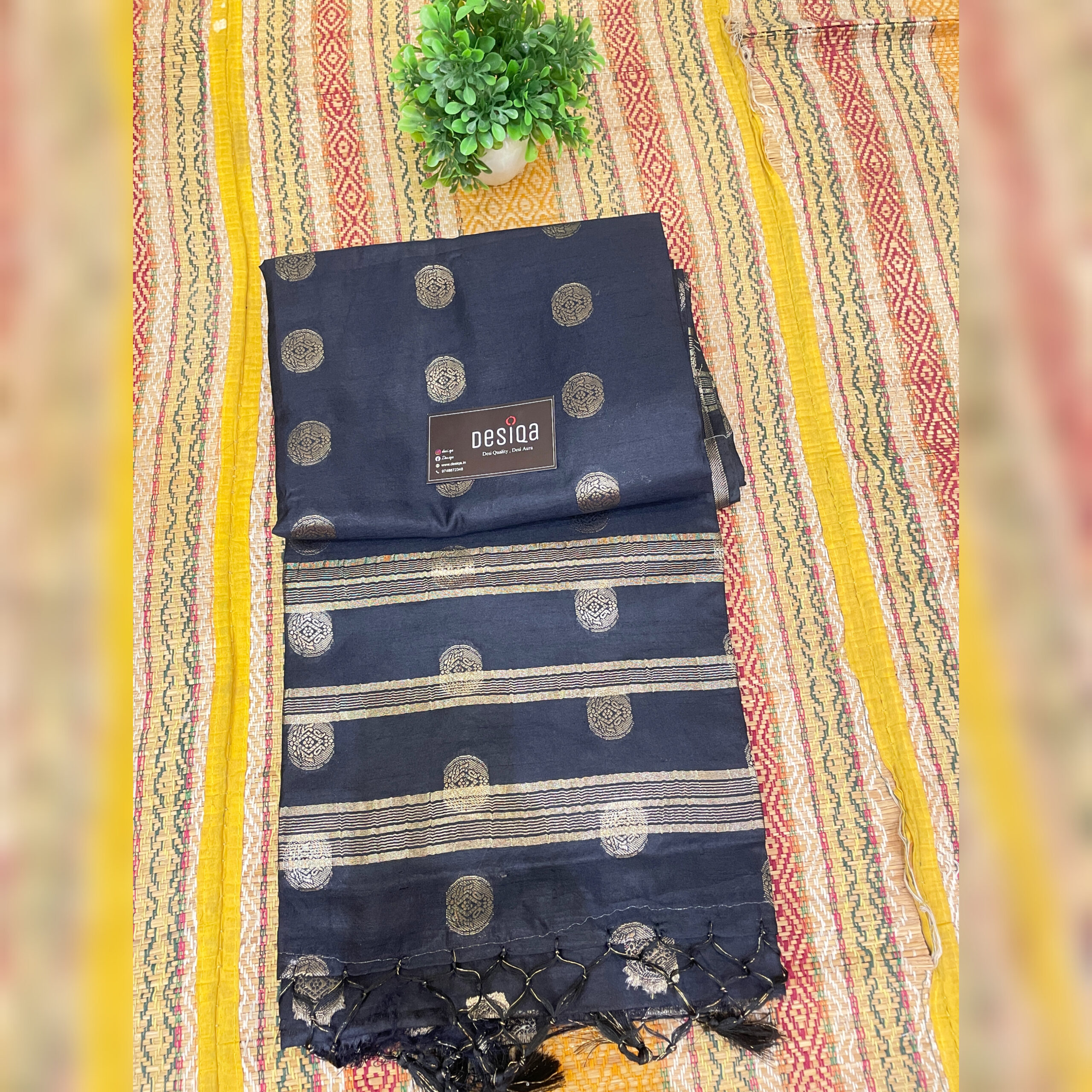 Black Semi Motka Silk With Golden Zari Border Saree