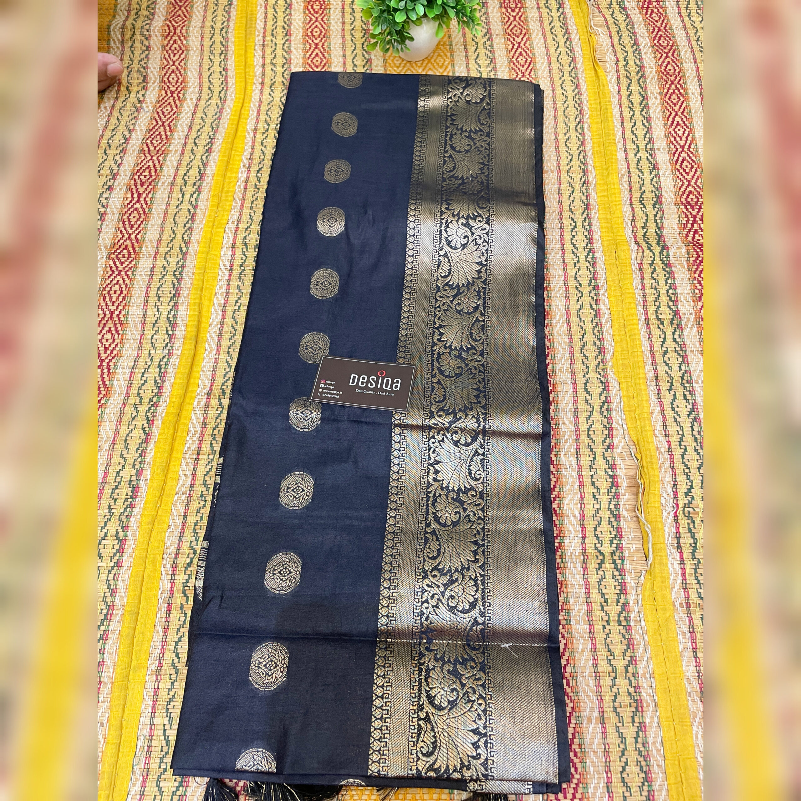 Black Semi Motka Silk With Golden Zari Border Saree - Image 2