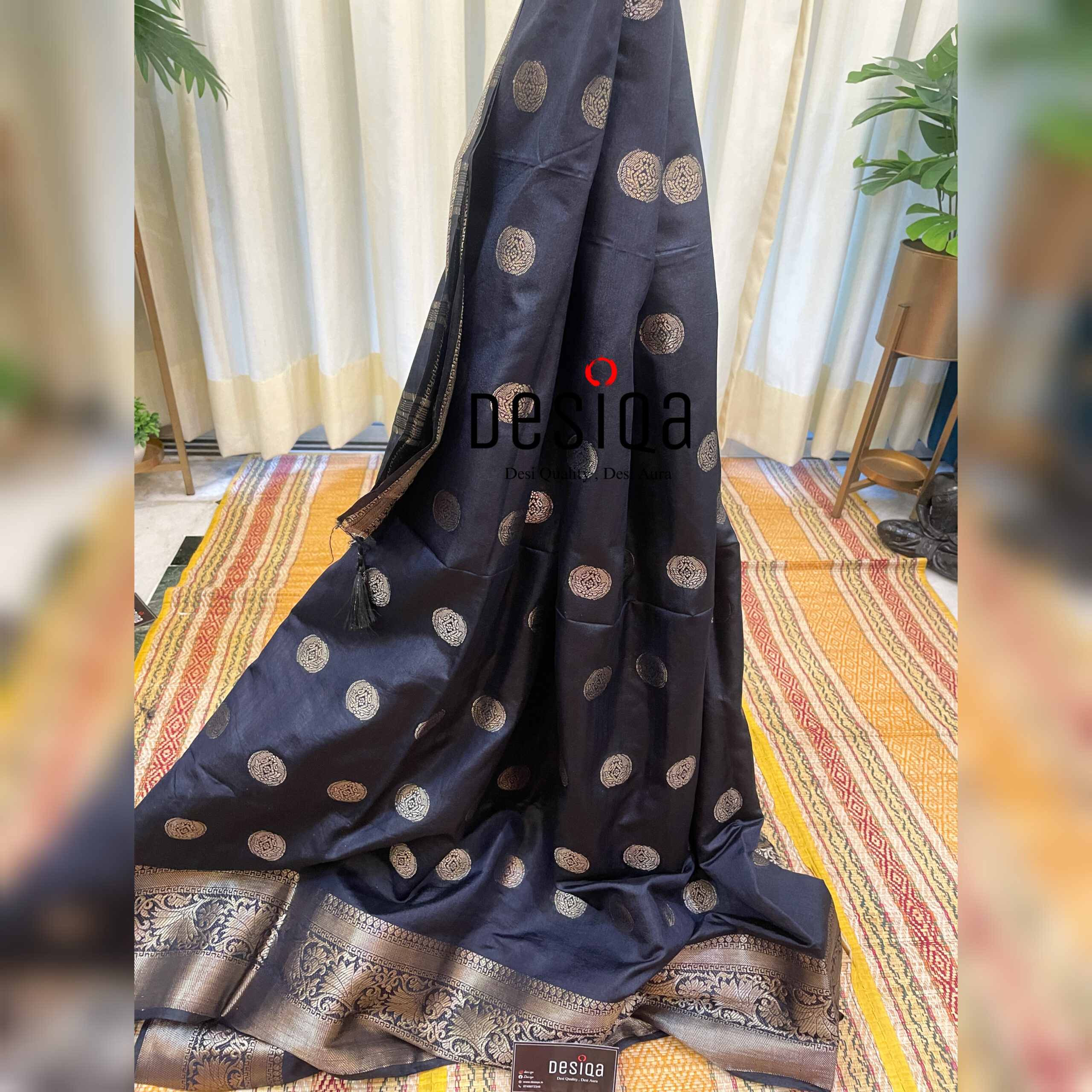 Black Semi Motka Silk With Golden Zari Border Saree - Image 3
