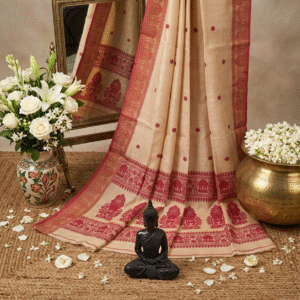 Cream & Red Colour Baluchari Worked Pure Tussor Handwoven Saree