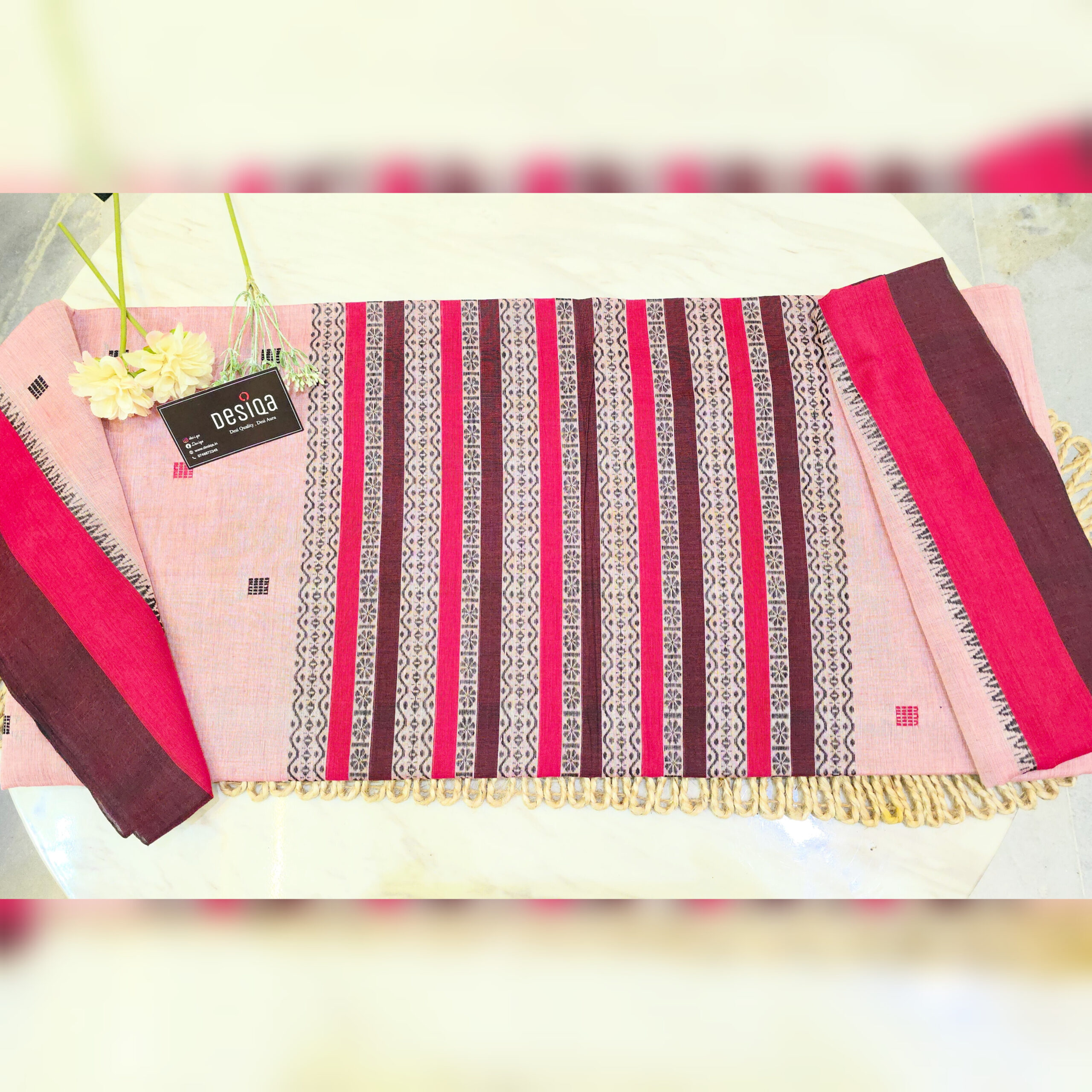 Peach Dual Tone Colour Dhonekhali Handloom Saree - Image 4