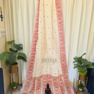 Off white & Red worked Pure Gachi by Gachi Tussar Handwoven Jamdani Saree