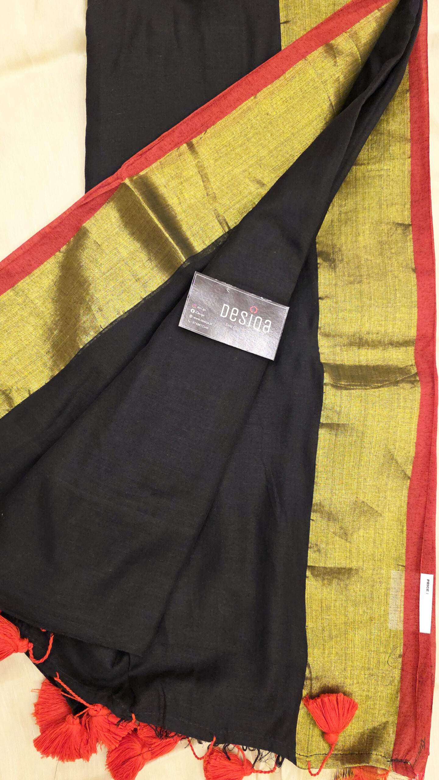 Black Colour Golden Paar Mul Mul Cotton Handloom Saree - Image 2