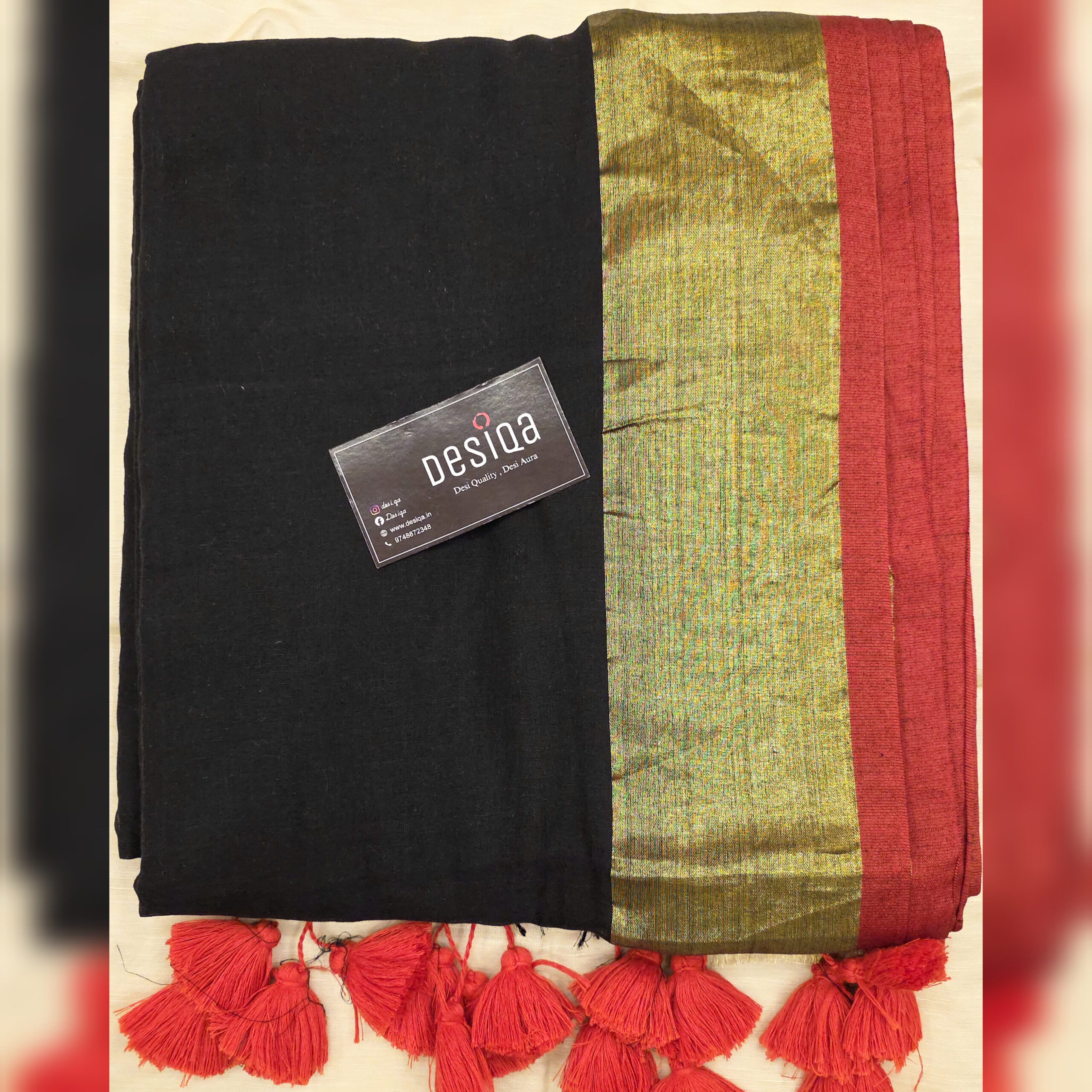 Black Colour Golden Paar Mul Mul Cotton Handloom Saree