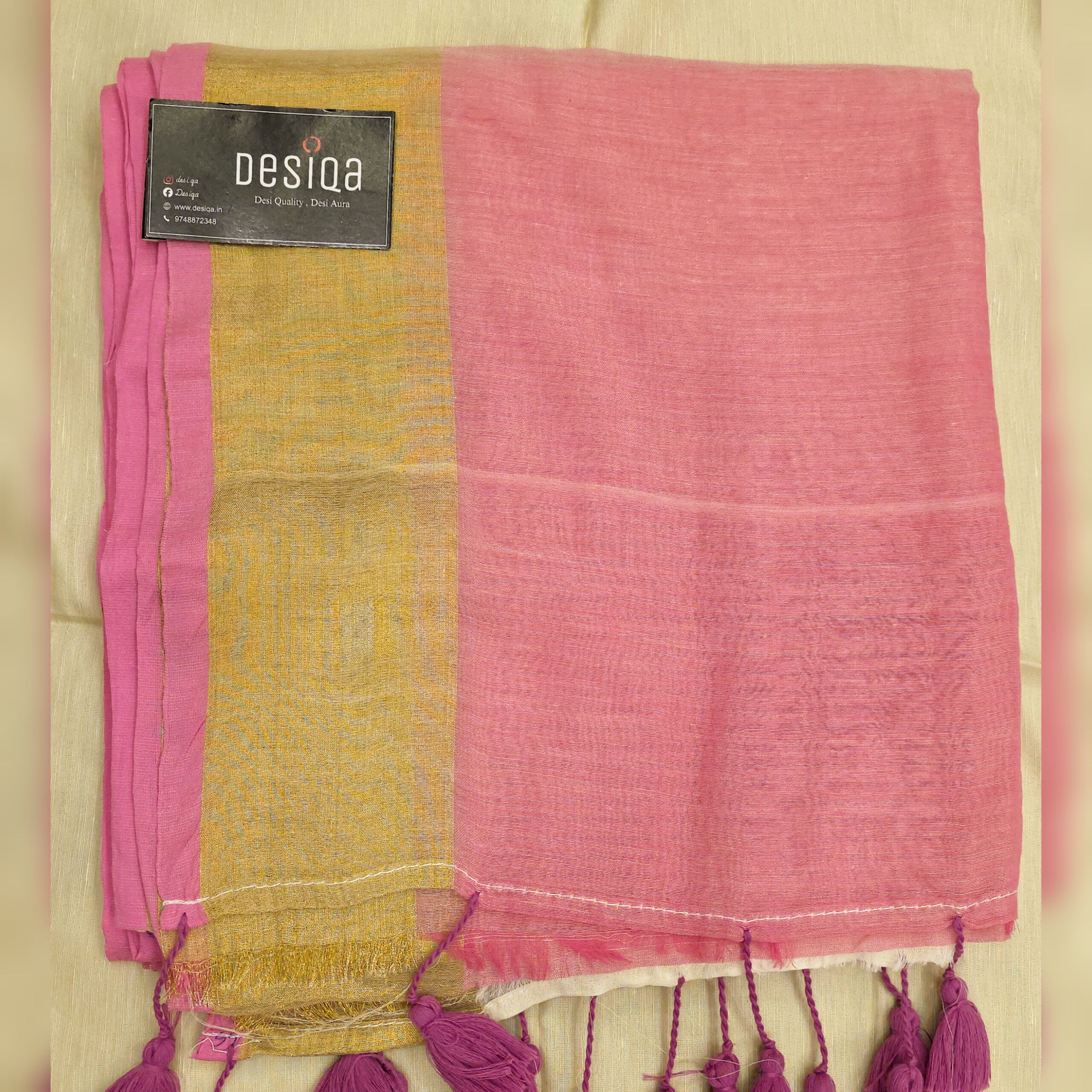 Pink & Cream Colour Golden Border Mul Mul Cotton Handloom Saree - Image 2