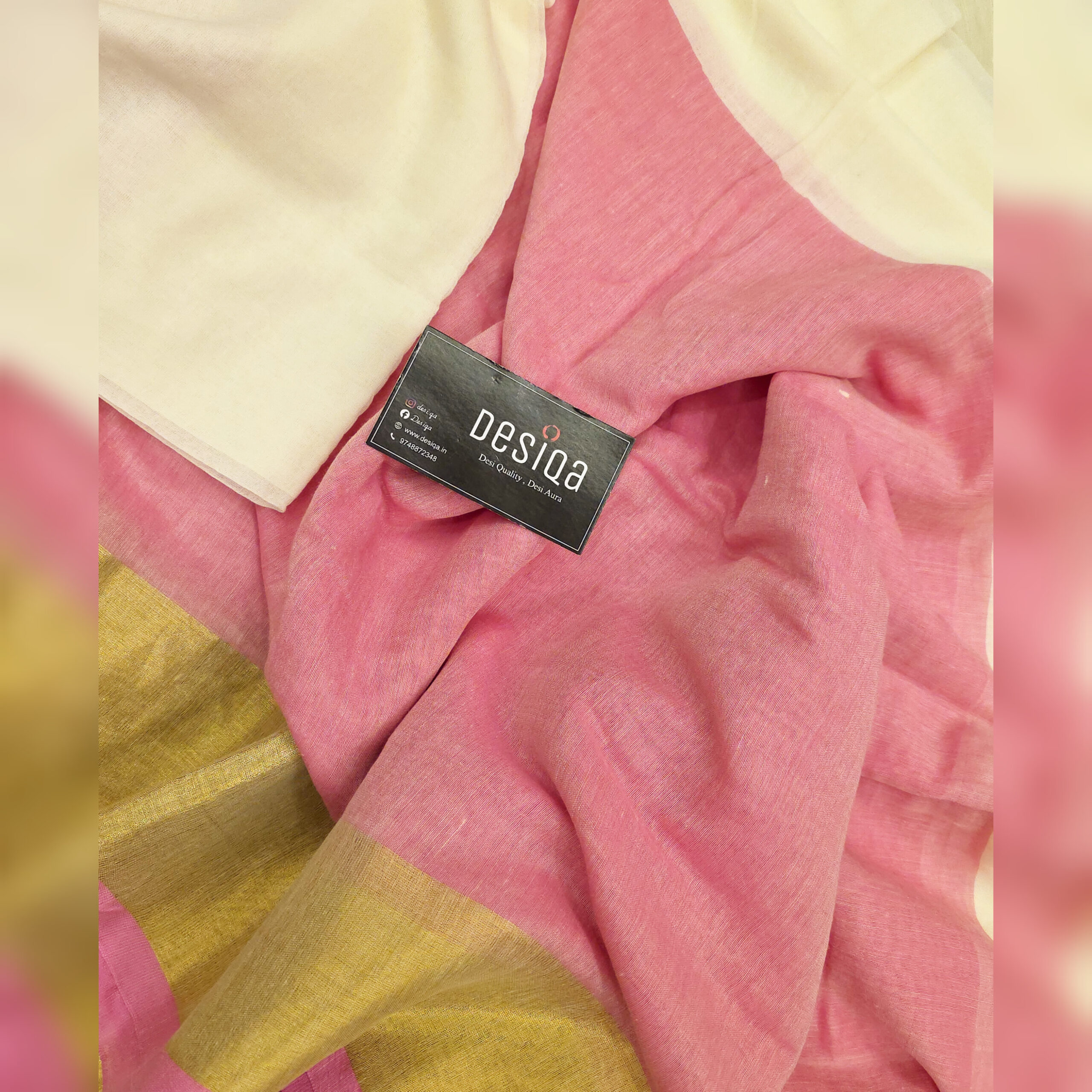 Pink & Cream Colour Golden Border Mul Mul Cotton Handloom Saree - Image 3