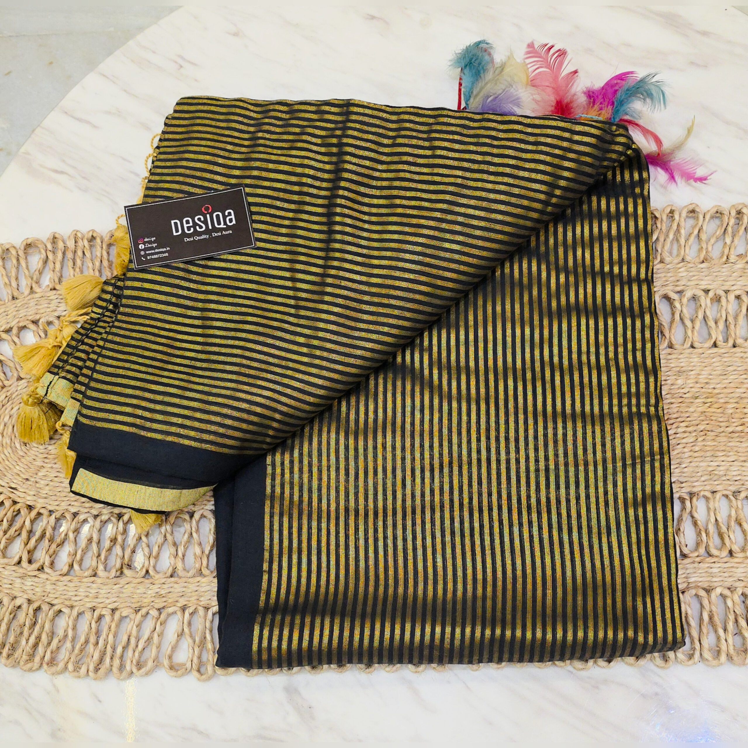 Black Colour Golden Zari Work Mul Mul Cotton Handloom Saree - Image 2