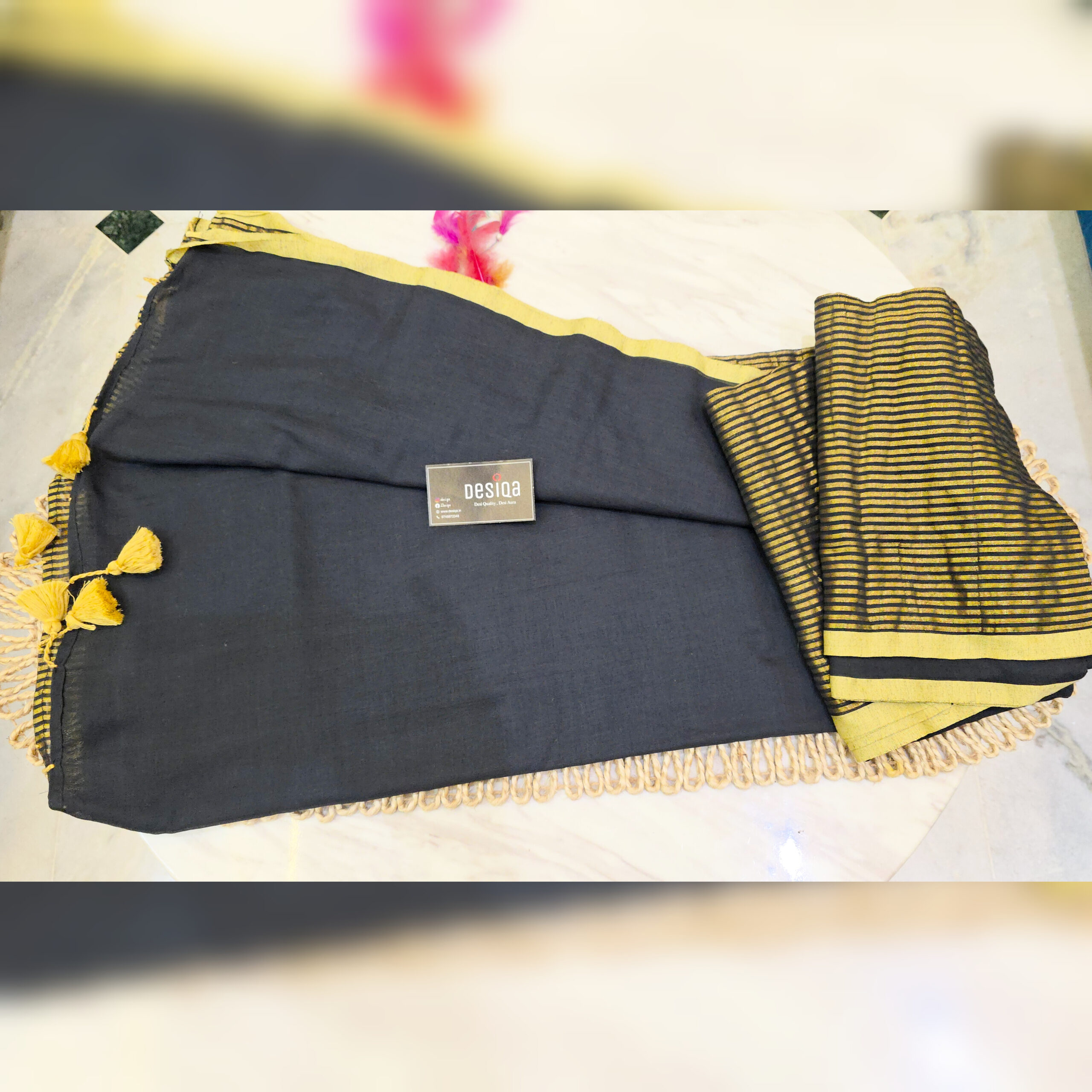 Black Colour Golden Zari Work Mul Mul Cotton Handloom Saree - Image 4
