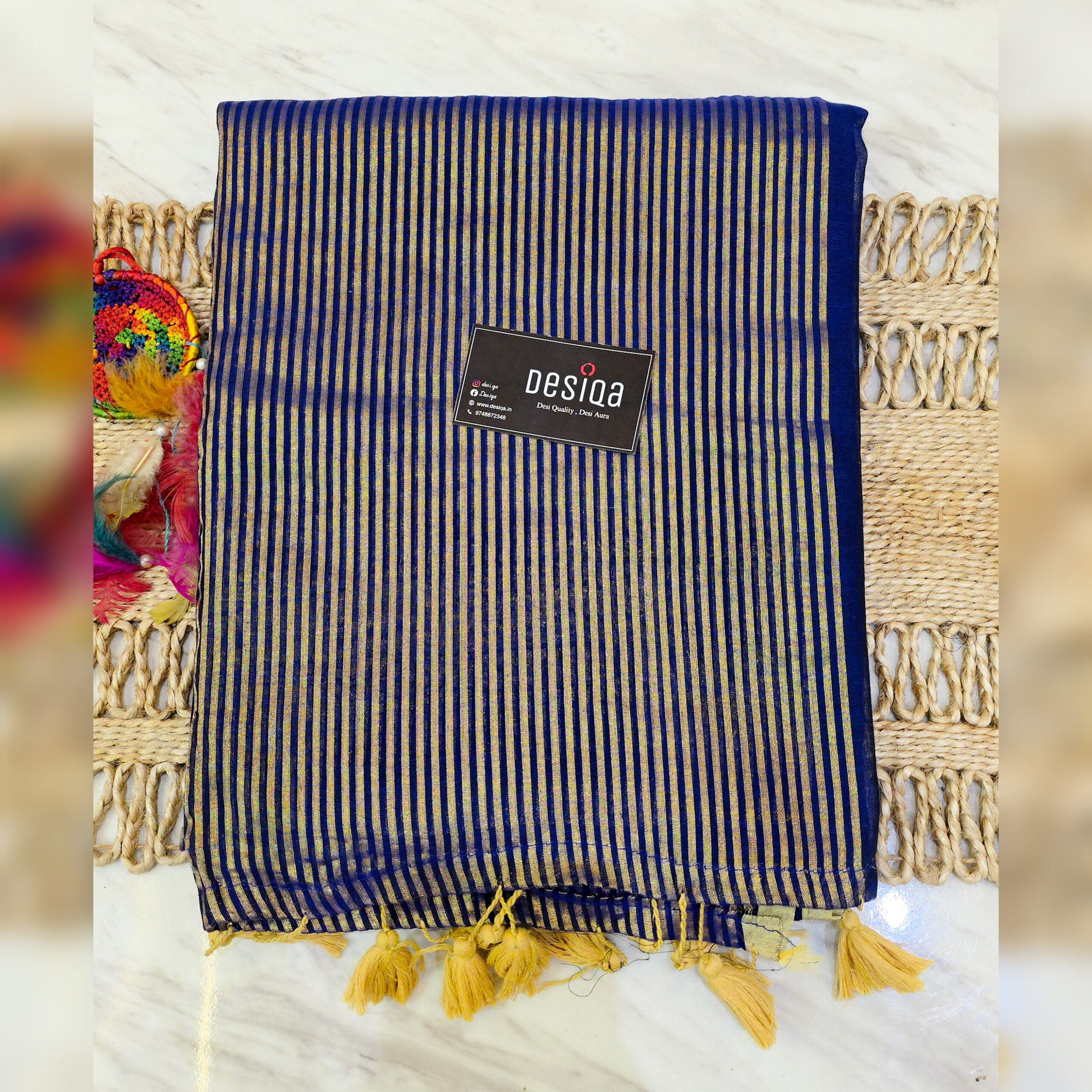 Blue Colour Golden Zari Work Mul Mul Cotton Handloom Saree
