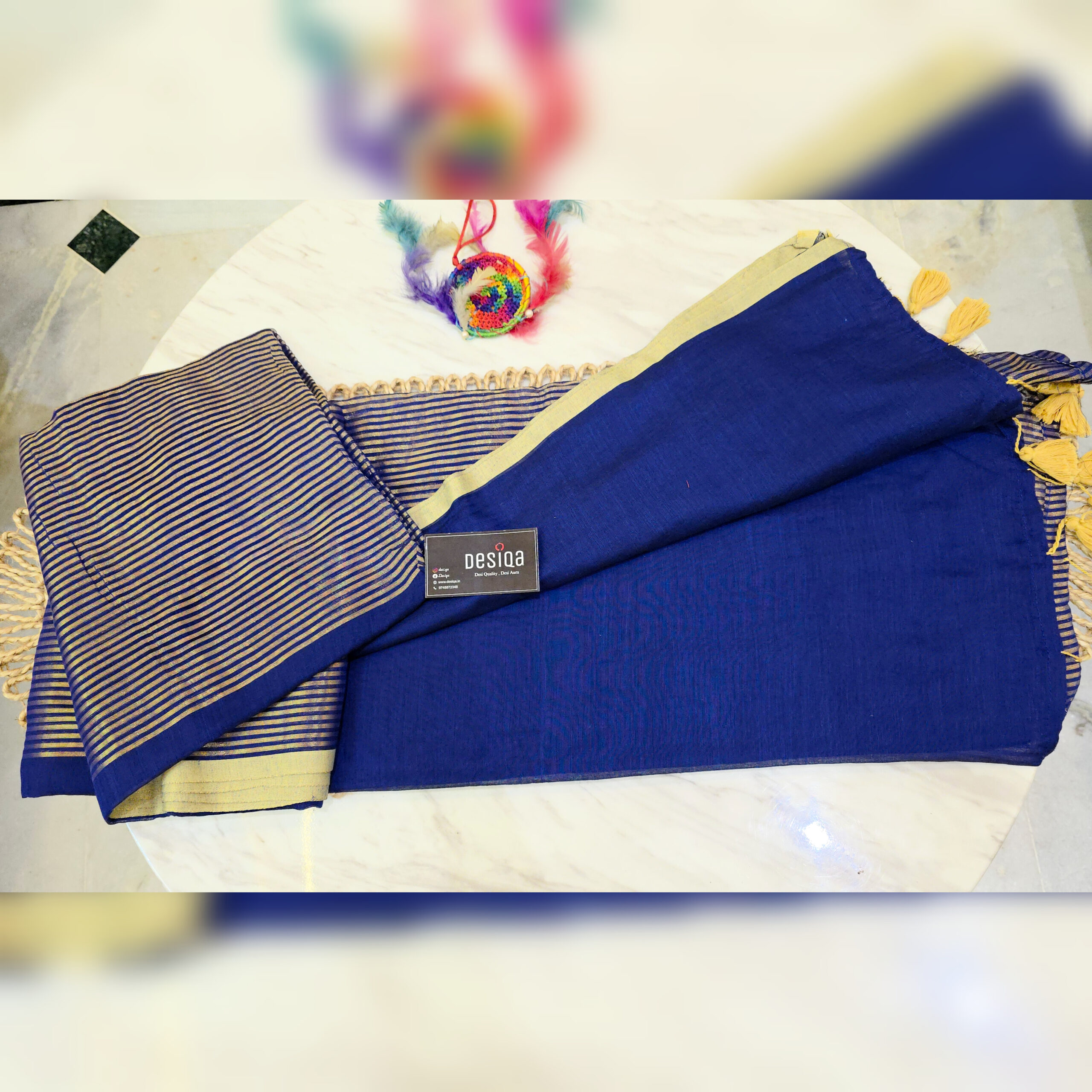 Blue Colour Golden Zari Work Mul Mul Cotton Handloom Saree - Image 2