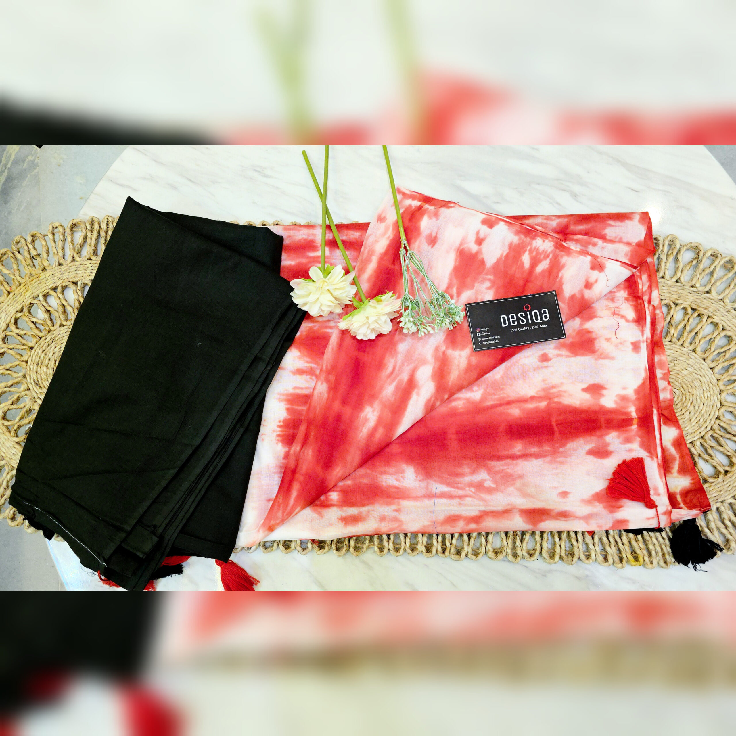 Black with Red & White Shibori Mul Mul Cotton Handloom Saree - Image 2