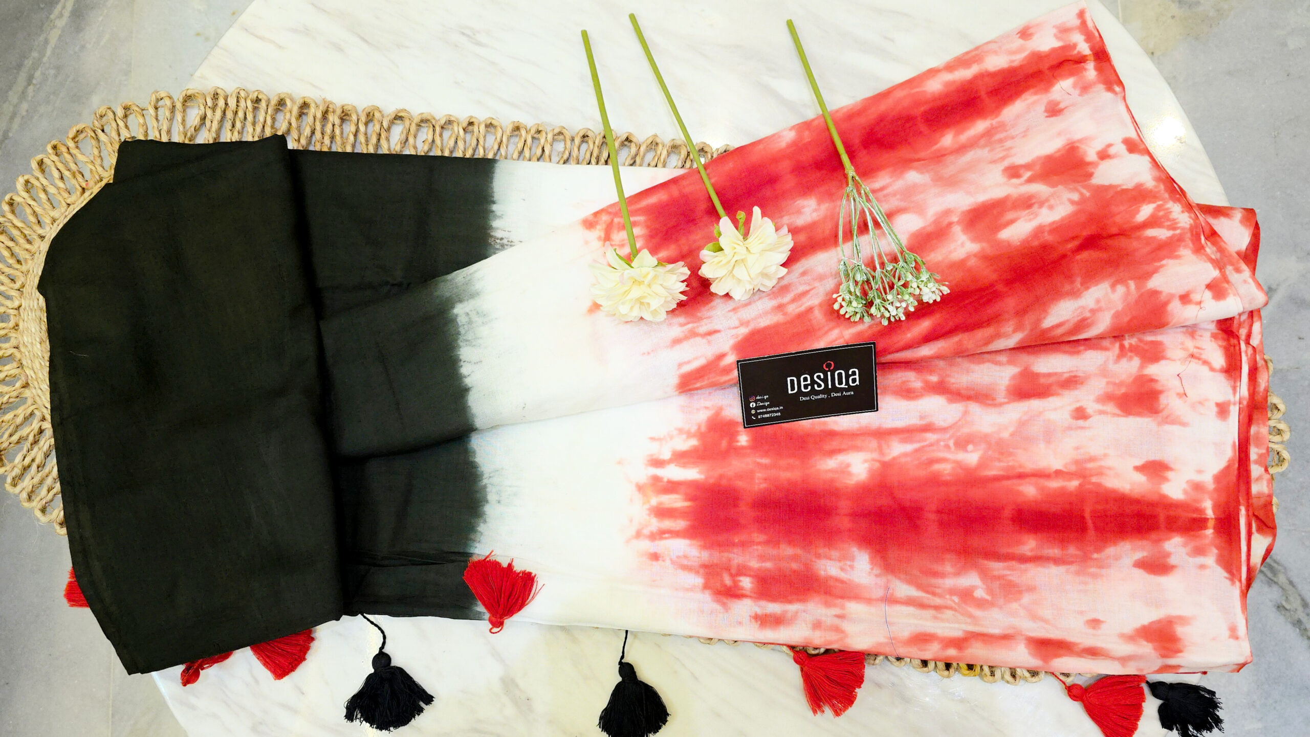 Black with Red & White Shibori Mul Mul Cotton Handloom Saree - Image 3