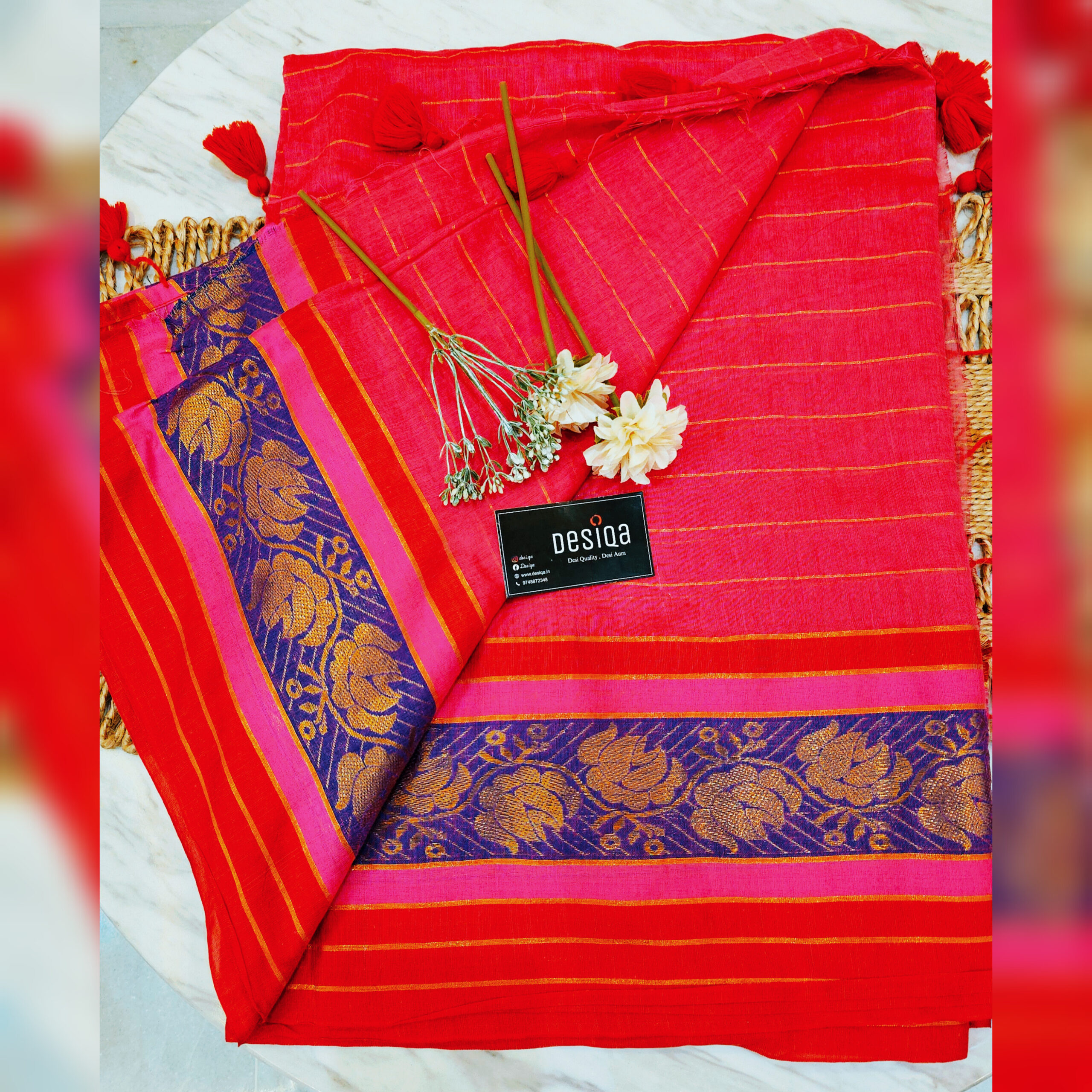 Red Colour Zari Work Mul Mul Cotton Handloom Saree - Image 2